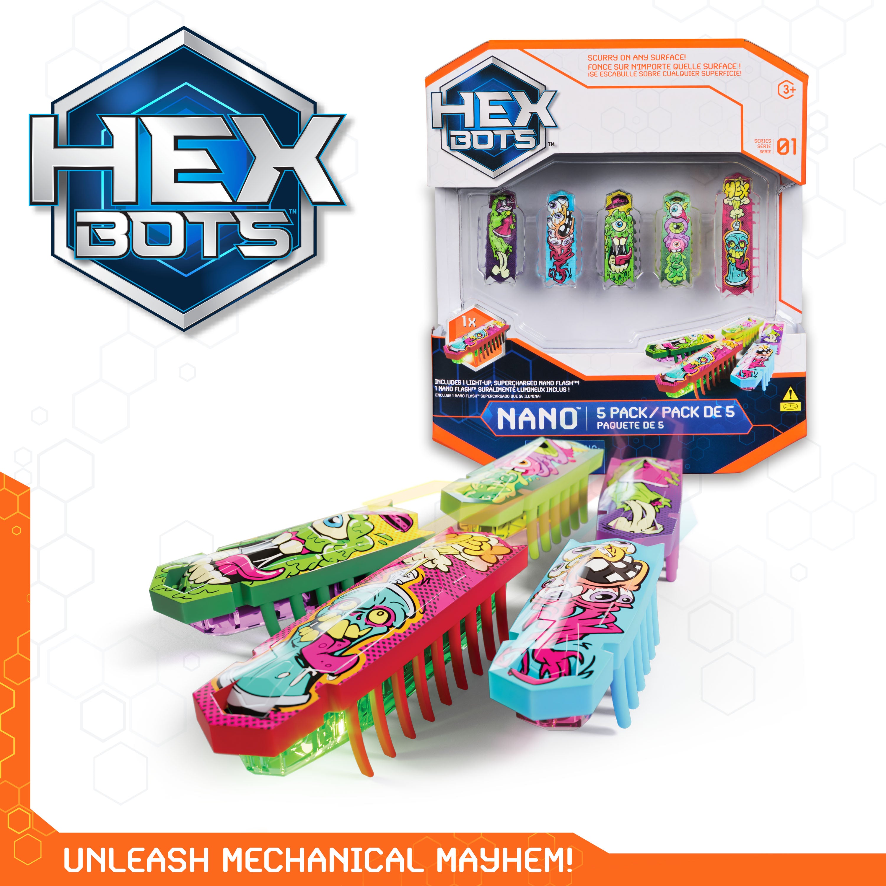 HEX BOTS Nano 5 Pack, 4 Mini Bots with Bonus Flash Bot, Sensory Toy for Kids & Cats, Vibration Technology, Mini Robot Toy for Kids 3 & Up