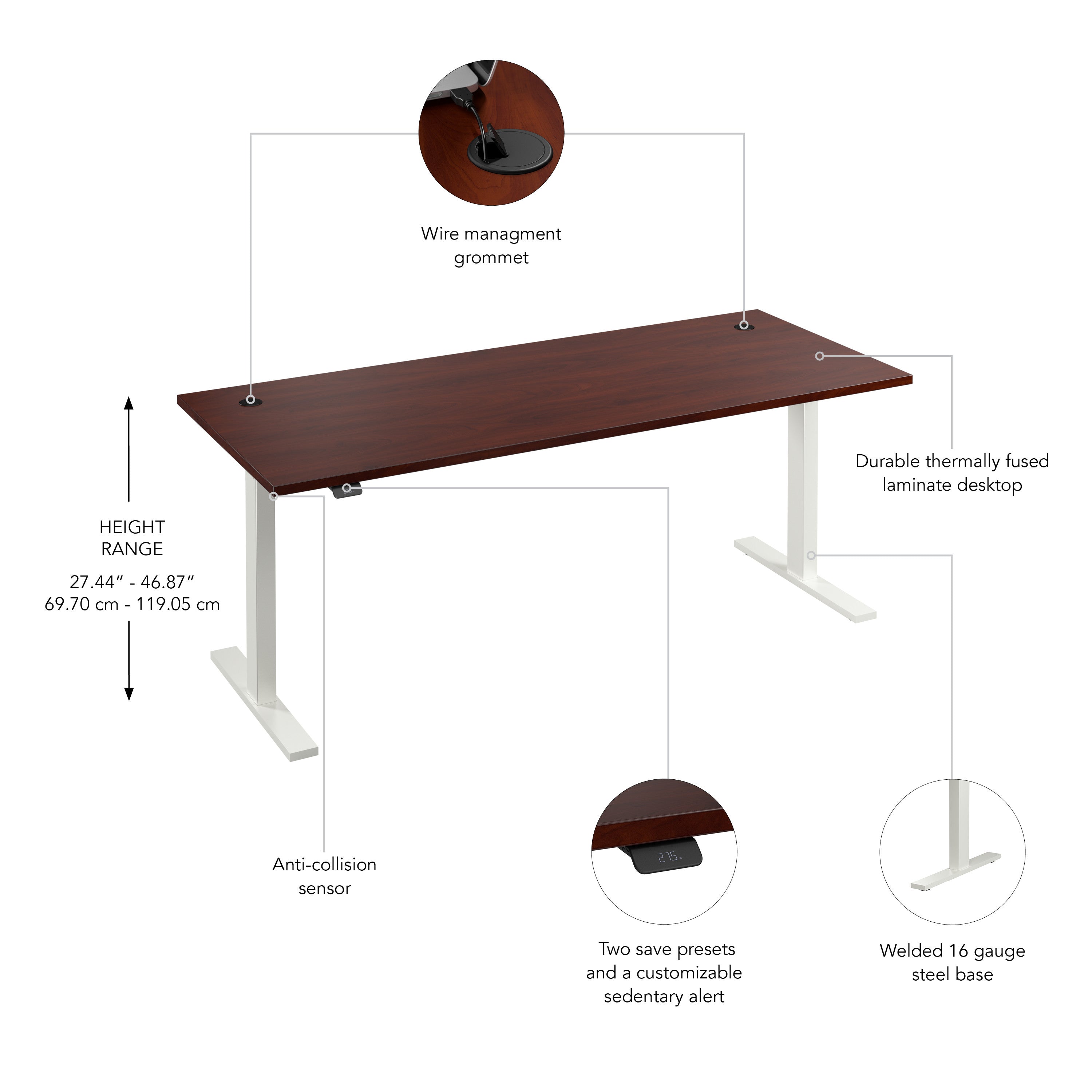 Bush Business Furniture Move 60 Series 72W x 30D Electric Height Adjustable Standing Desk in Hansen Cherry with White Base - 71.02" Width x 29.37" Depth x 27.44" Height