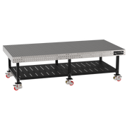 Welding Fixture Table, Fixed Height, 36"H x 120"L x 60"D, 1/4" Carbon Steel Top, Six Black Powdercoat Legs, Shelf, 6 Heavy Duty Suspension Casters (4 Locking/Swiveling Casters and 2 Non-Locking/Non-SwivelingCasters)