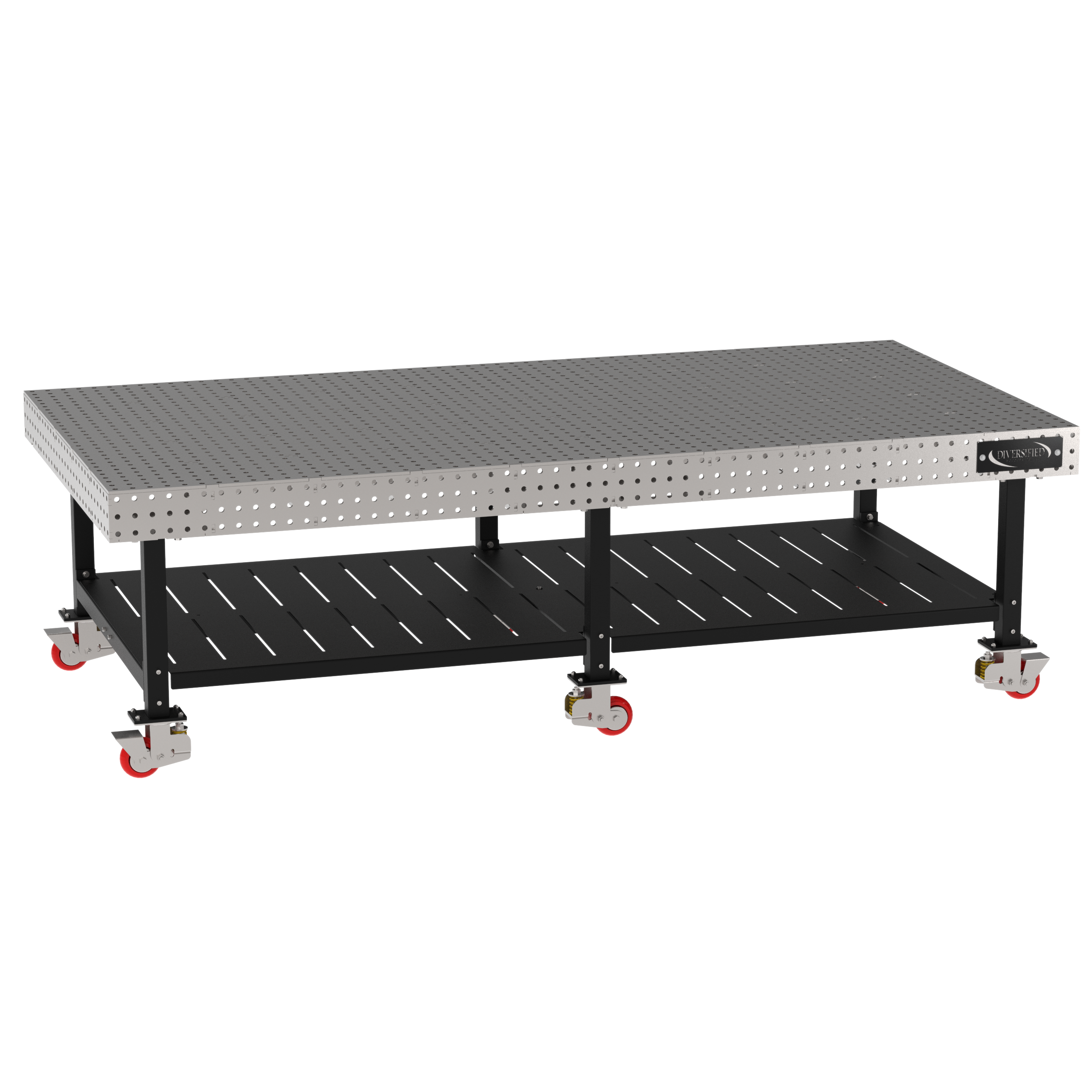Welding Fixture Table, Fixed Height, 36"H x 120"L x 60"D, 1/4" Carbon Steel Top, Six Black Powdercoat Legs, Shelf, 6 Heavy Duty Suspension Casters (4 Locking/Swiveling Casters and 2 Non-Locking/Non-SwivelingCasters)