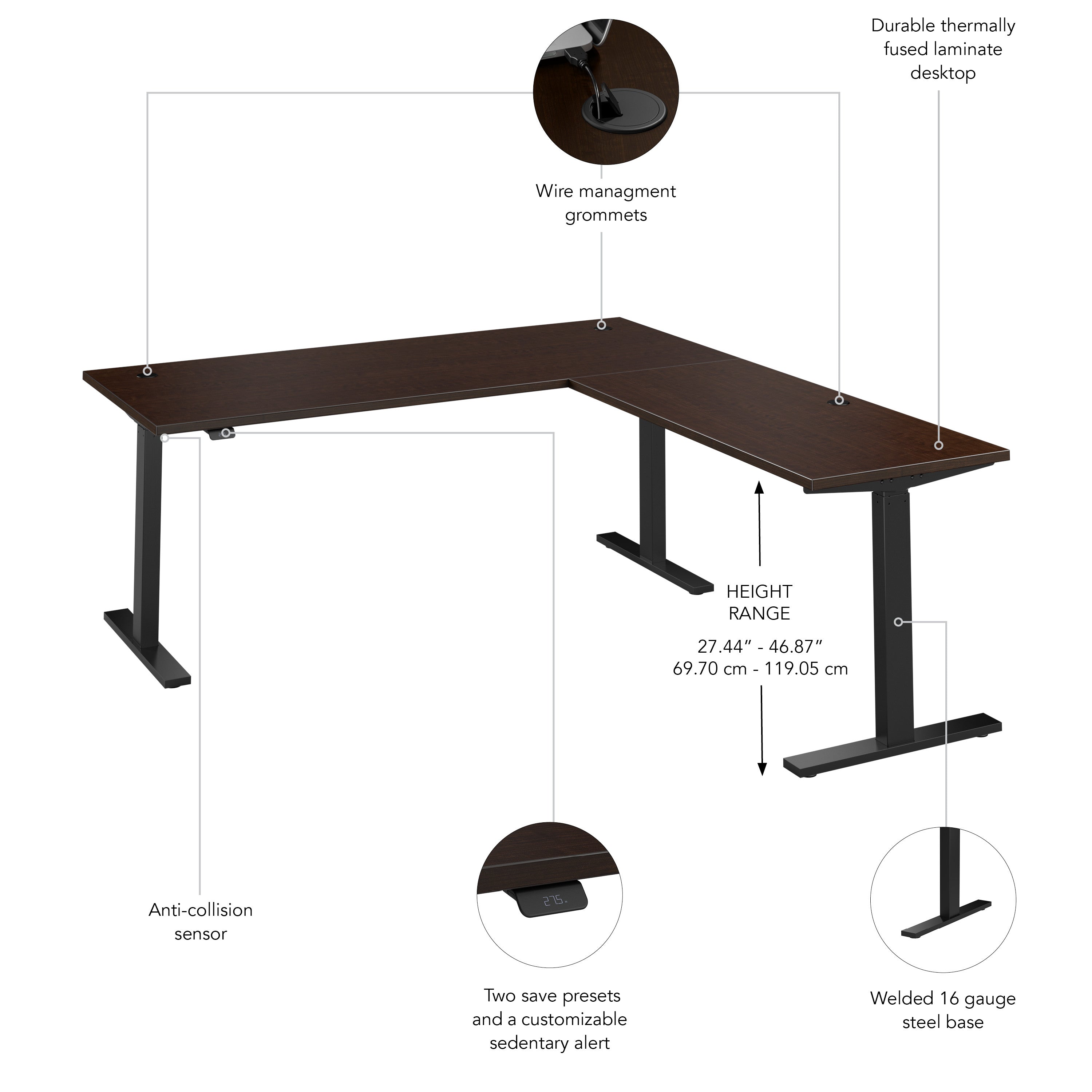 Bush Business Furniture Move 60 Series 72W Height Adjustable L Shaped Standing Desk in Mocha Cherry with Black Base - 71.02" Width x 76.97" Depth x 27.44" Height