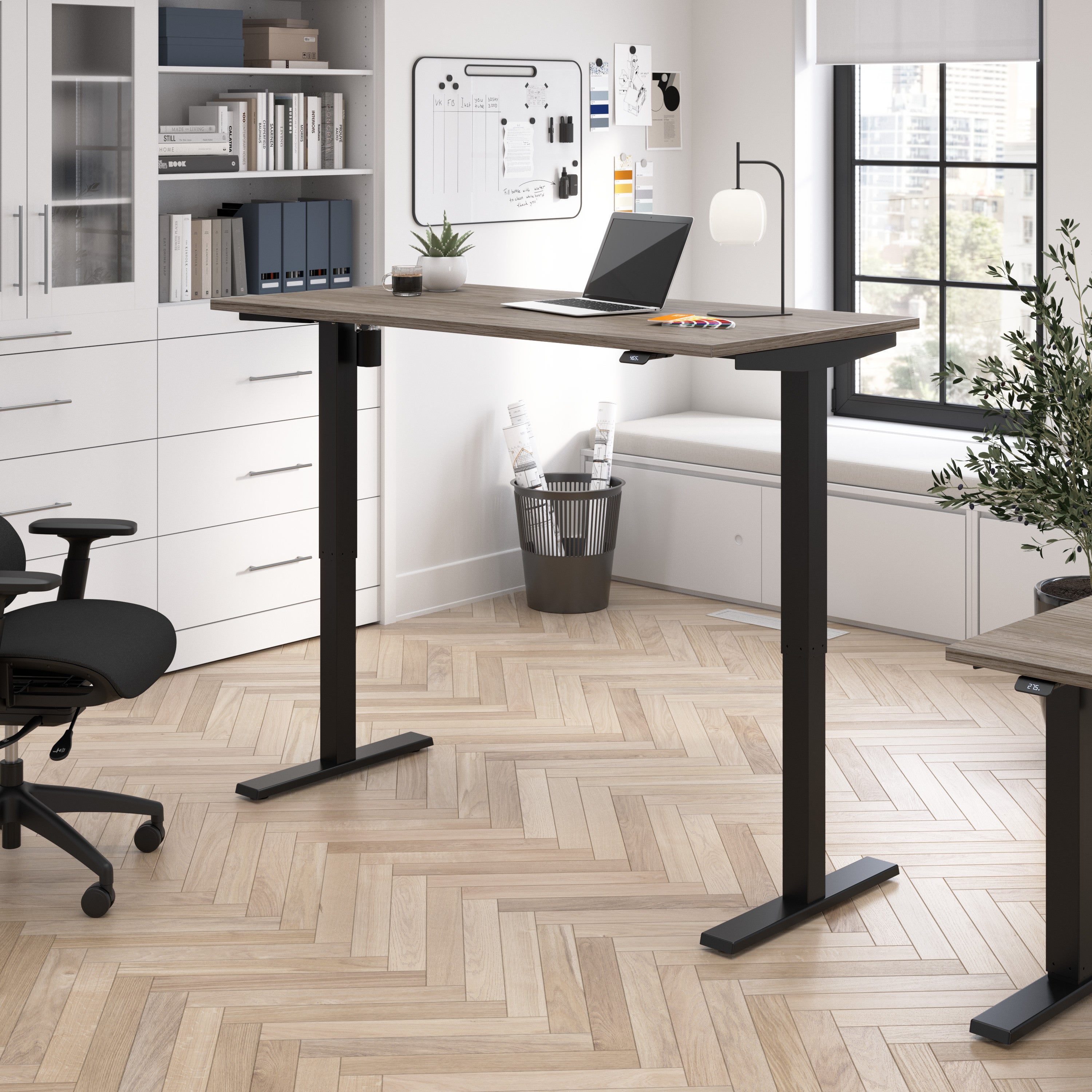 Bush Business Furniture Move 40 Series 60W x 30D Electric Height Adjustable Standing Desk in Modern Hickory with Black Base - 59.45" Width x 29.37" Depth x 28.17" Height