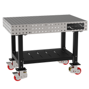 Welding Fixture Table, Fixed Height, 36"H x 48"L x 30"D, 1/4" Carbon Steel Top, Four Black Powdercoat Legs, Shelf, 4 Heavy Duty Suspension Casters (2 Locking/Swiveling Casters and 2 Non-Locking/Non-SwivelingCasters)