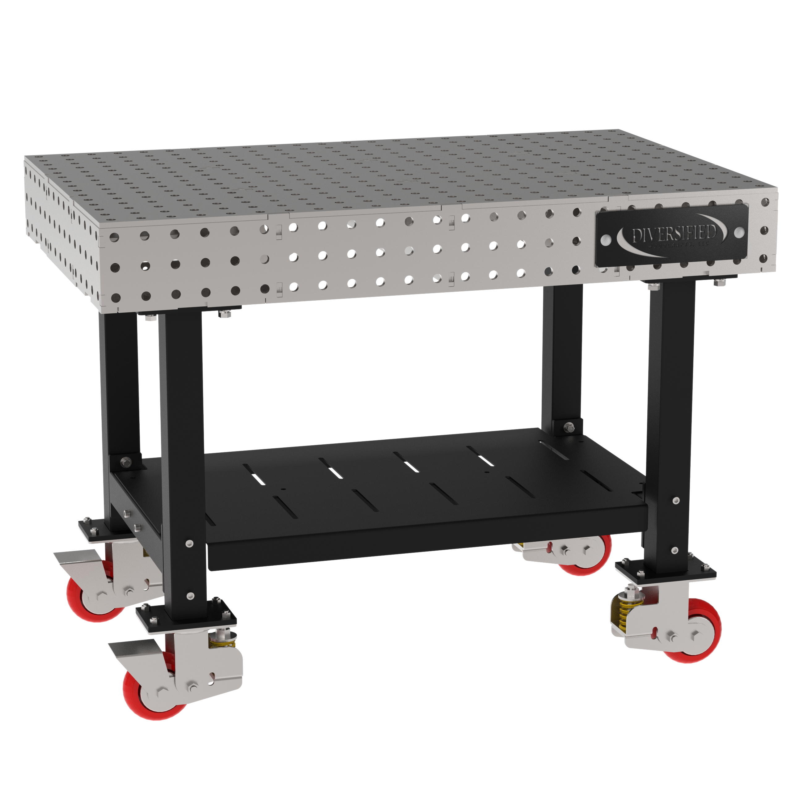 Welding Fixture Table, Fixed Height, 36"H x 48"L x 30"D, 1/4" Carbon Steel Top, Four Black Powdercoat Legs, Shelf, 4 Heavy Duty Suspension Casters (2 Locking/Swiveling Casters and 2 Non-Locking/Non-SwivelingCasters)