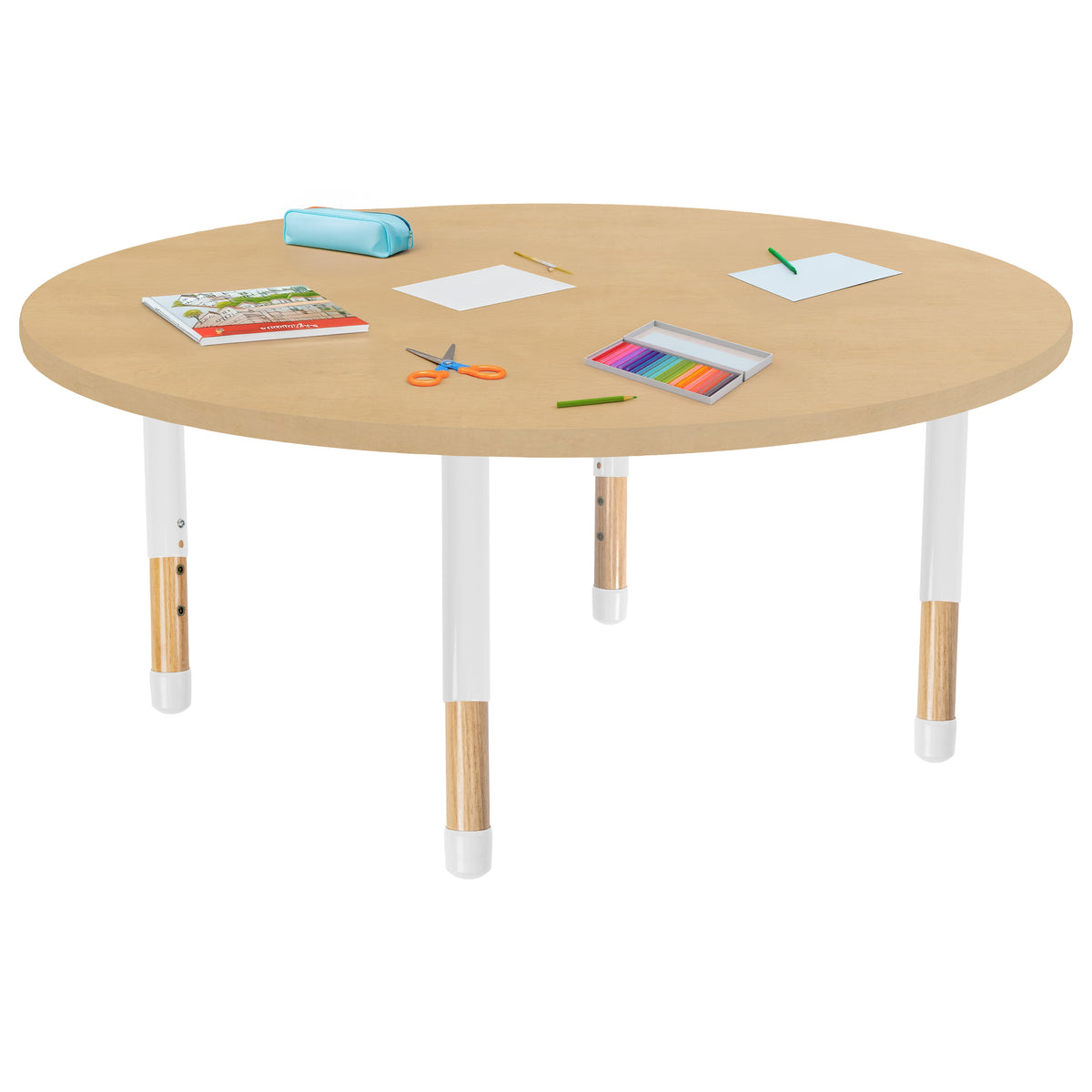48" x 48" Round Thermofused Activity Table with Adjustable Chunky Wood Legs - Maple Grain/White/Natural