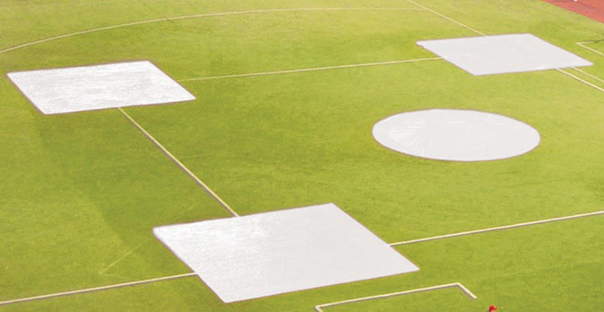 Baseball Tarp with Ground Stakes (10 ft. Square - 6 oz. Polyethylene) (3 Base) (White or Silver - Reversible)