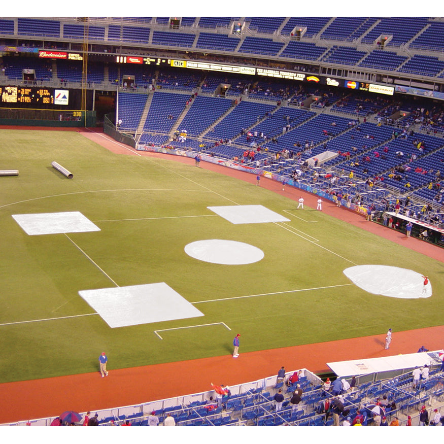 Baseball Tarp with Ground Stakes (10 ft. Square - 6 oz. Polyethylene) (3 Base) (White or Silver - Reversible)