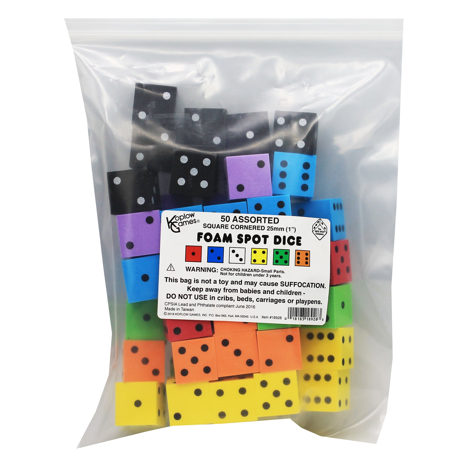 Foam Spot Dice, 1", Assorted Colors, Bag of 50