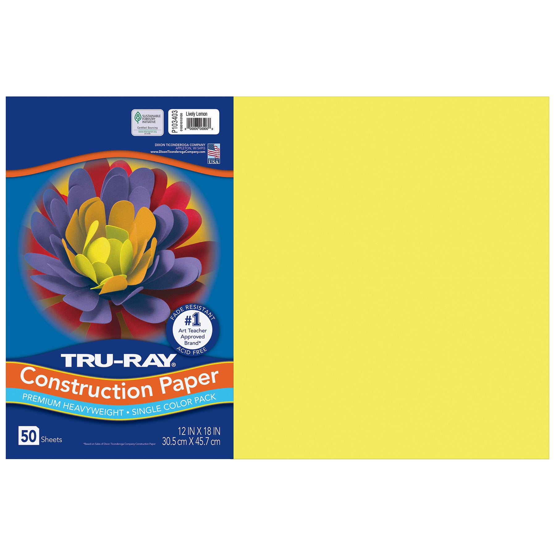 Construction Paper, Heavyweight, Lively Lemon, 12" x 18", 50 Sheets