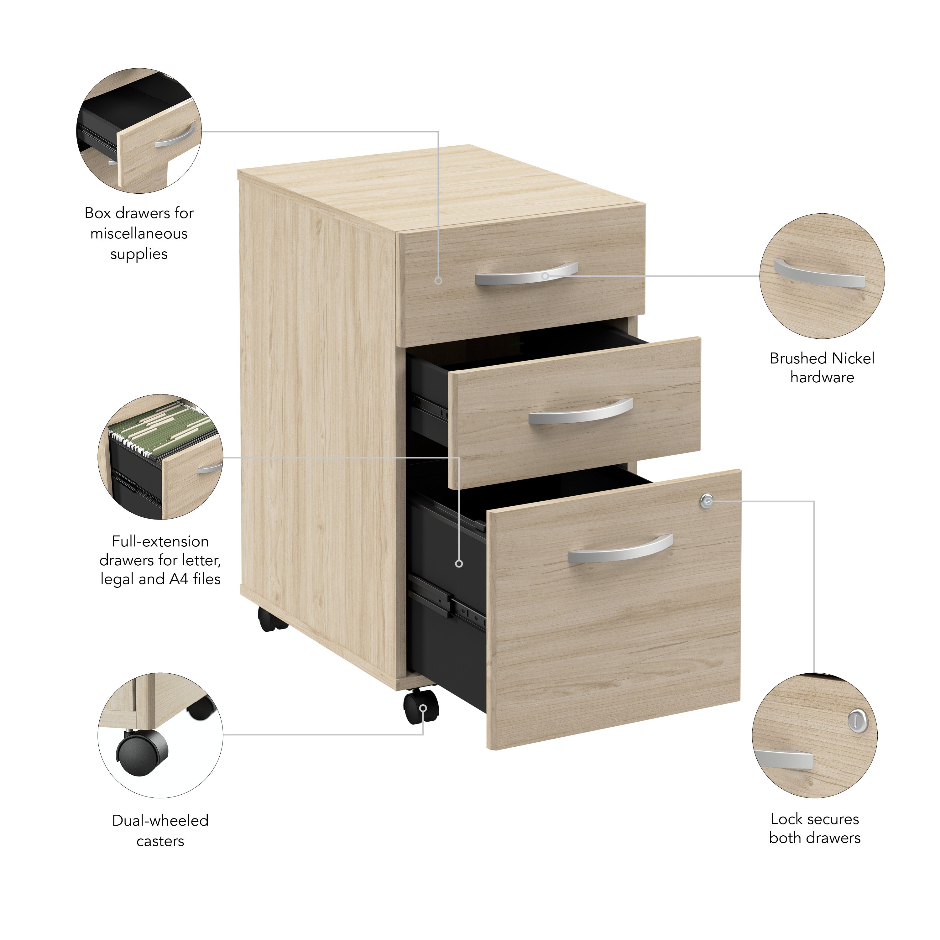 Bush Business Furniture Studio C 3 Drawer Mobile File Cabinet in Natural Elm - Assembled - 15.71" Width x 20.2" Depth x 27.79" Height