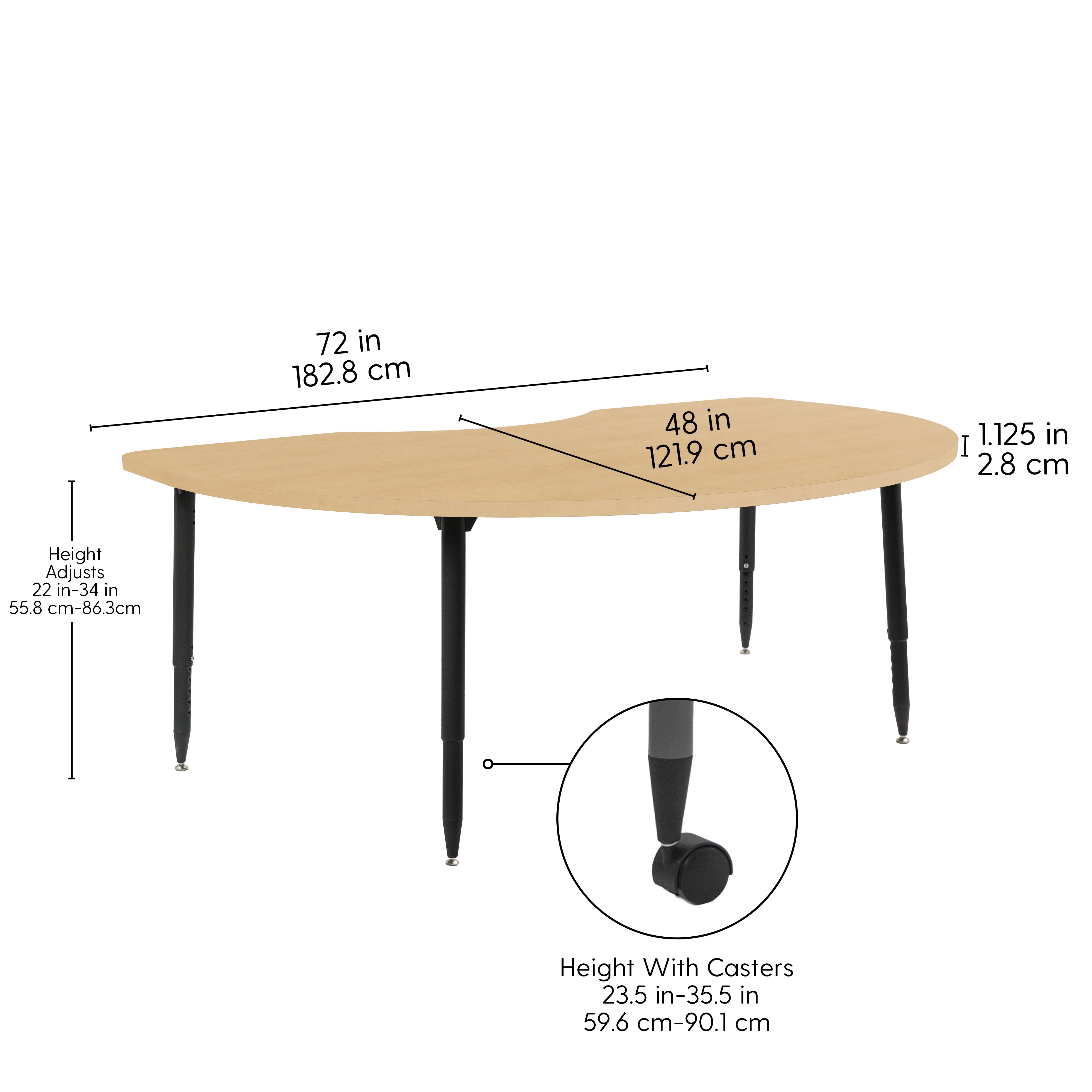 Adapte 48" x 72" Kidney Woodgrain Activity Table with Adjustable Tapered Legs - Maple Grain/Black