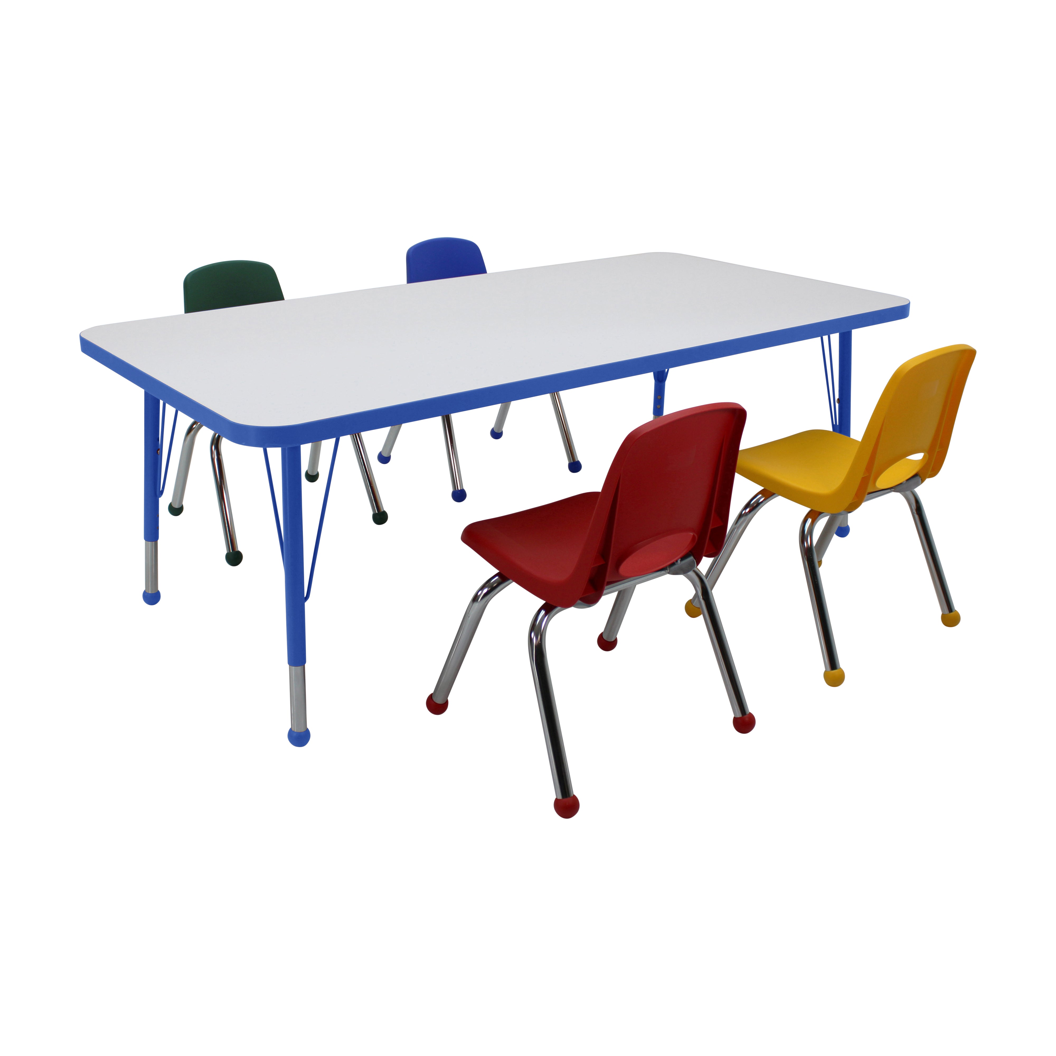 30" x 60" Rectangle Dry-Erase Activity Table with Standard Legs and 12" Stack Chairs with Ball Glides, 5-Piece Set - Whiteboard/Blue/Assorted