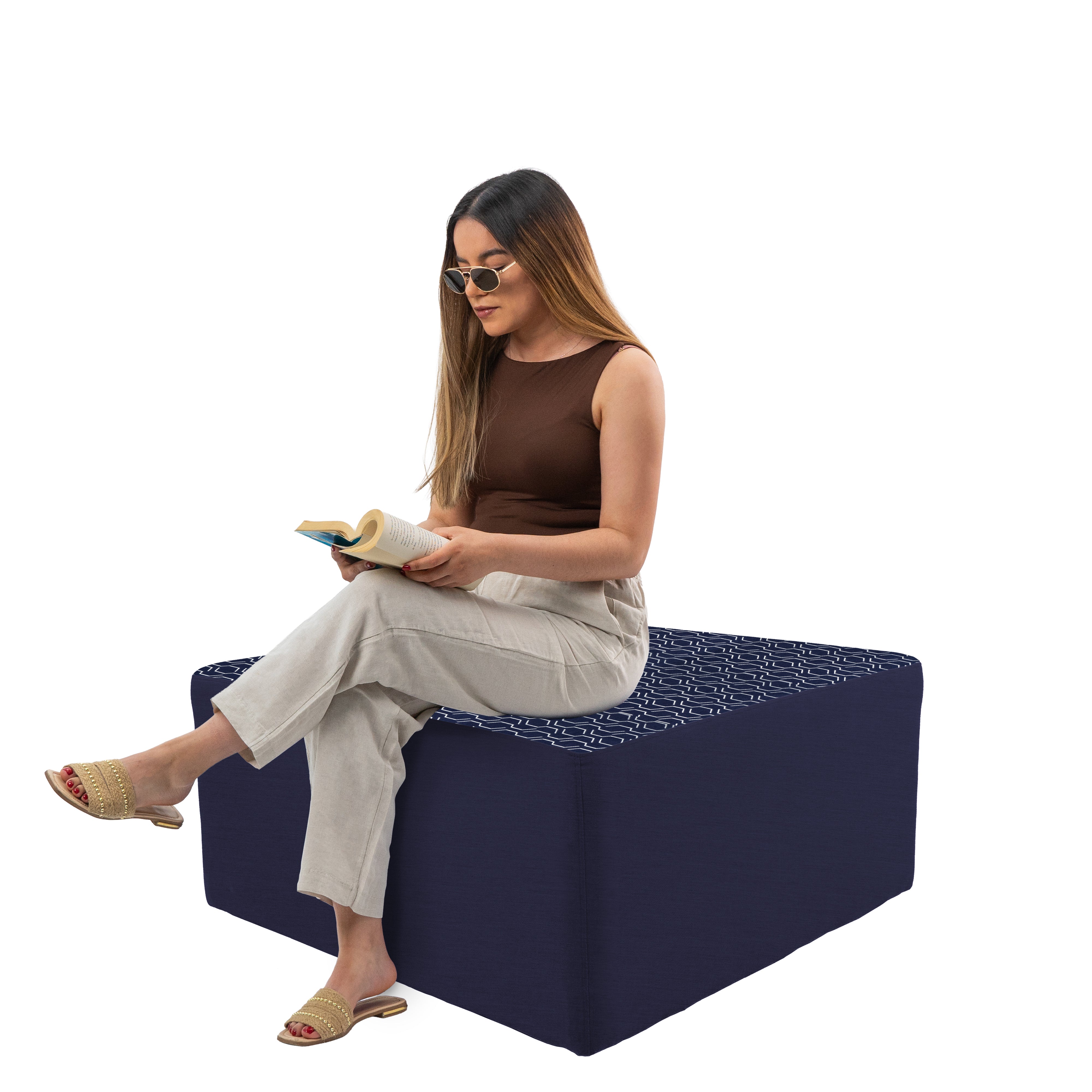 Outdoor 36" Square Ottoman with Sunbrella, 18" H - Adaptation Indigo/Canvas Navy