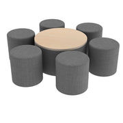 Pro Series 30" Round Ottoman Table with Round 18" H Seating, 7-Piece Set - Slate Gray Crosshatch/Maple