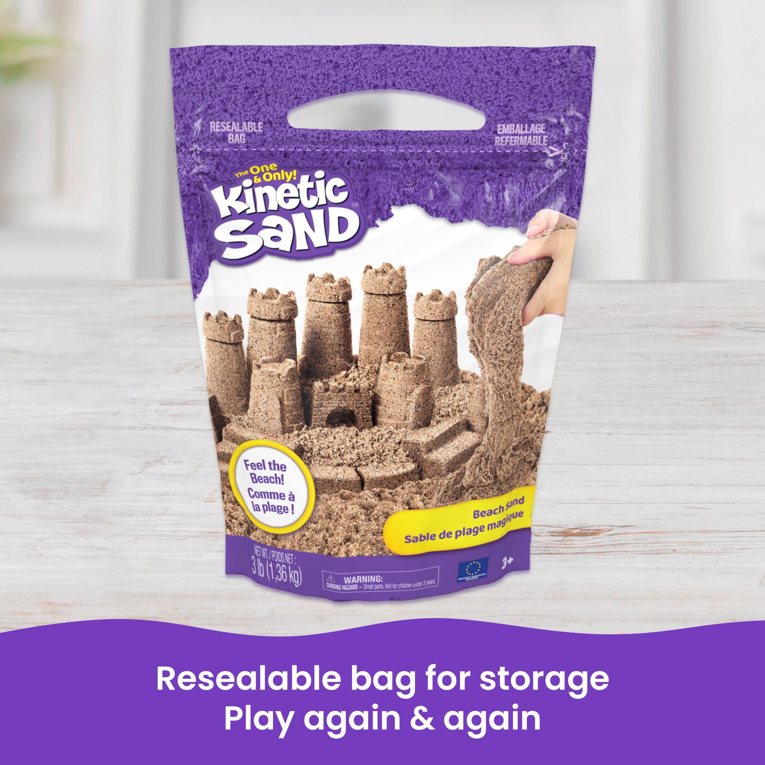 Kinetic Sand, 3lbs Beach Play Sand, Moldable Sensory Toys for Kids, Resealable Bag Packaging May Vary, for Ages 3 and up