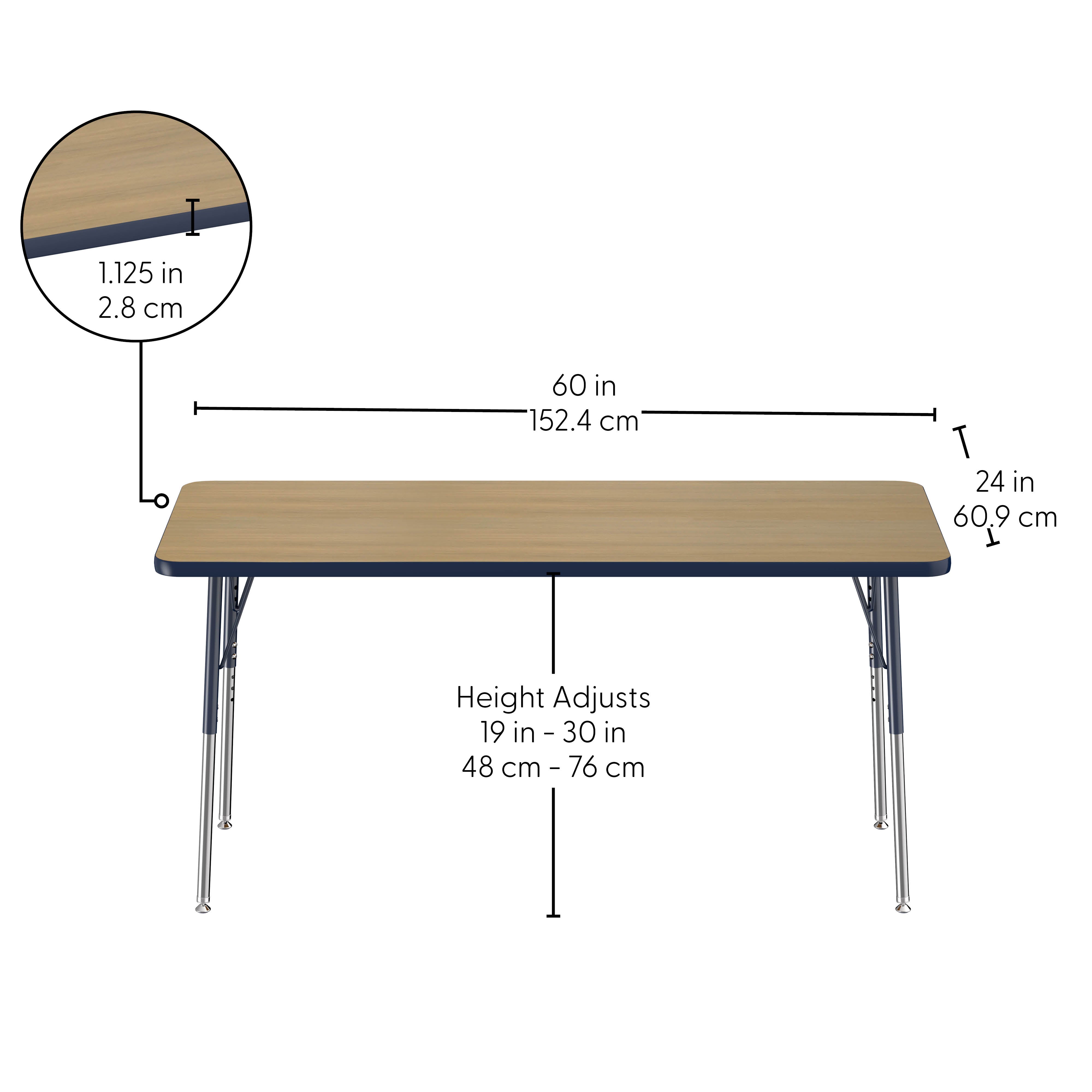 24" x 60" Rectangle Thermofused Activity Table with Adjustable Standard Swivel Glide Legs - Pasadena Oak/Navy