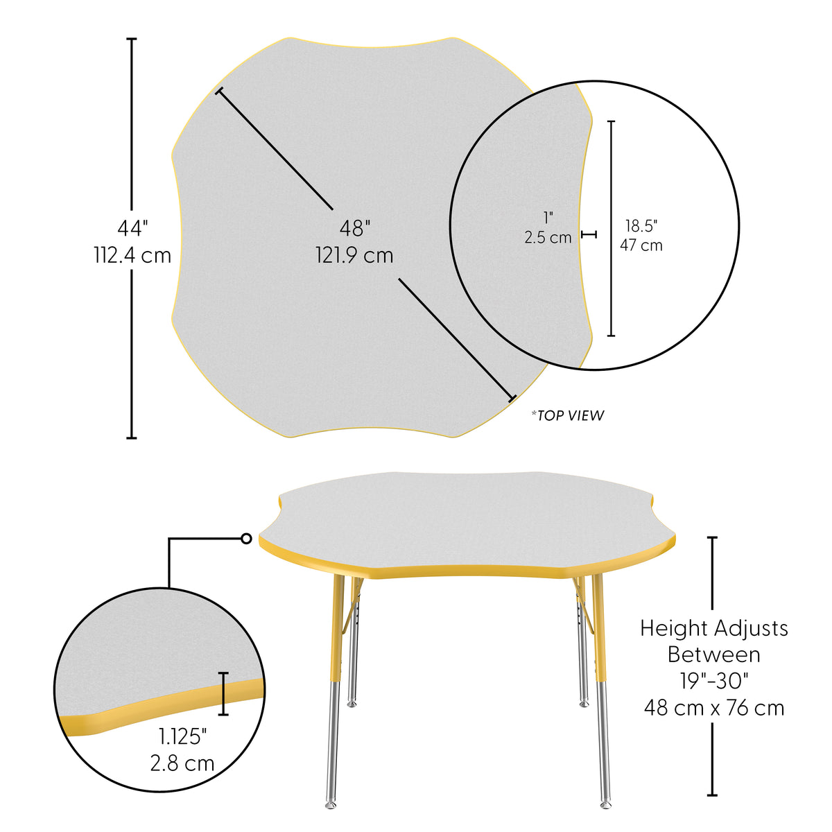 48" x 48" Clover T-Molding Activity Table with Adjustable Standard Swivel Glide Legs - Gray/Yellow