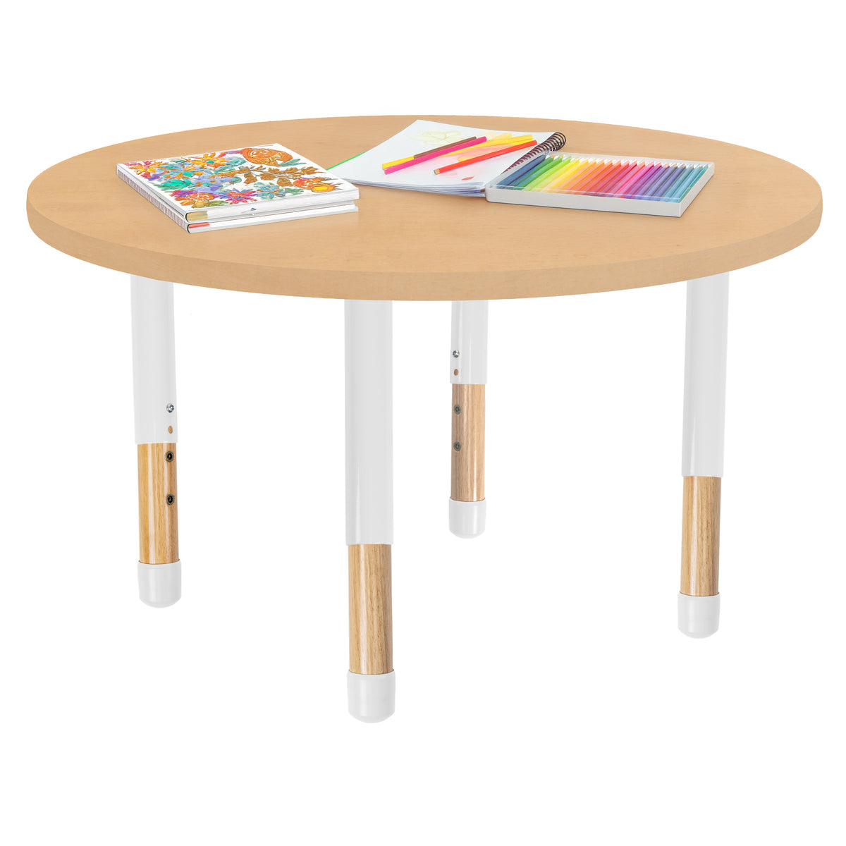 36" x 36" Round Thermofused Activity Table with Adjustable Chunky Wood Legs - Maple Grain/White/Natural