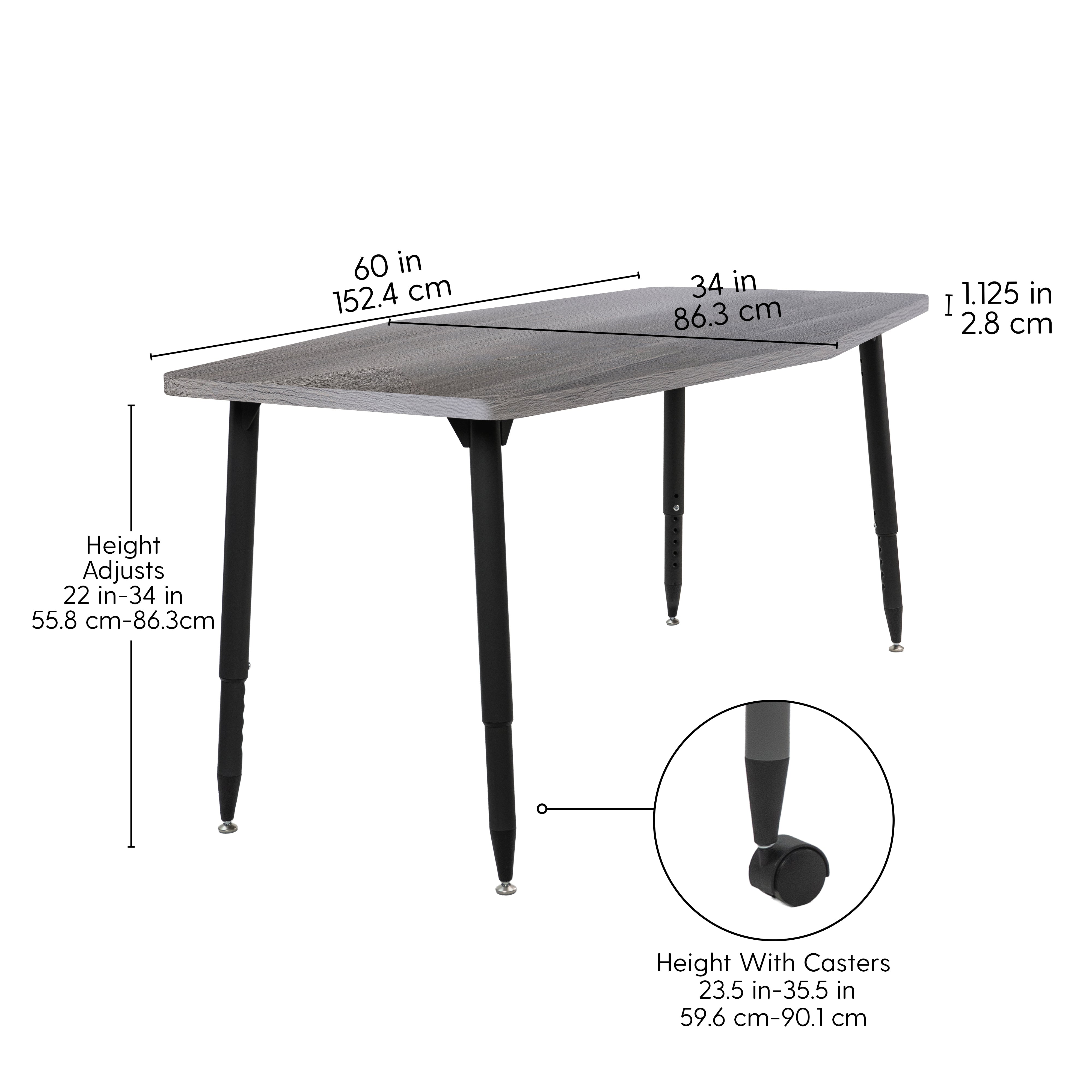 Adapte 34" x 60" Long Hexagon Woodgrain Activity Table with Adjustable Tapered Legs - Gray Wood/Black