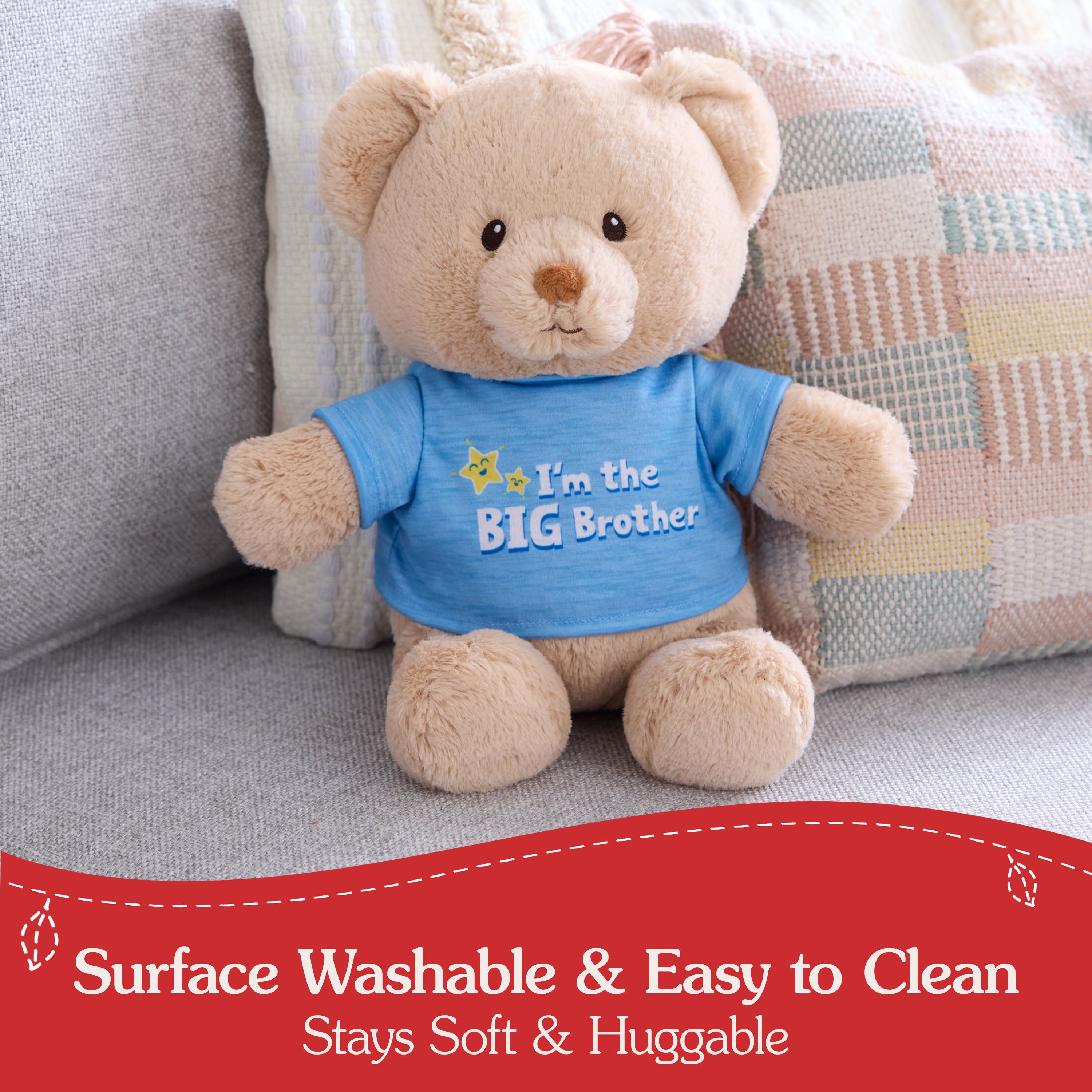 GUND “I'm the Big Brother” Sustainable Message Bear with Blue T-Shirt, Teddy Bear Made from 100% Recycled Materials for Ages 1 and Up, Tan, 12”