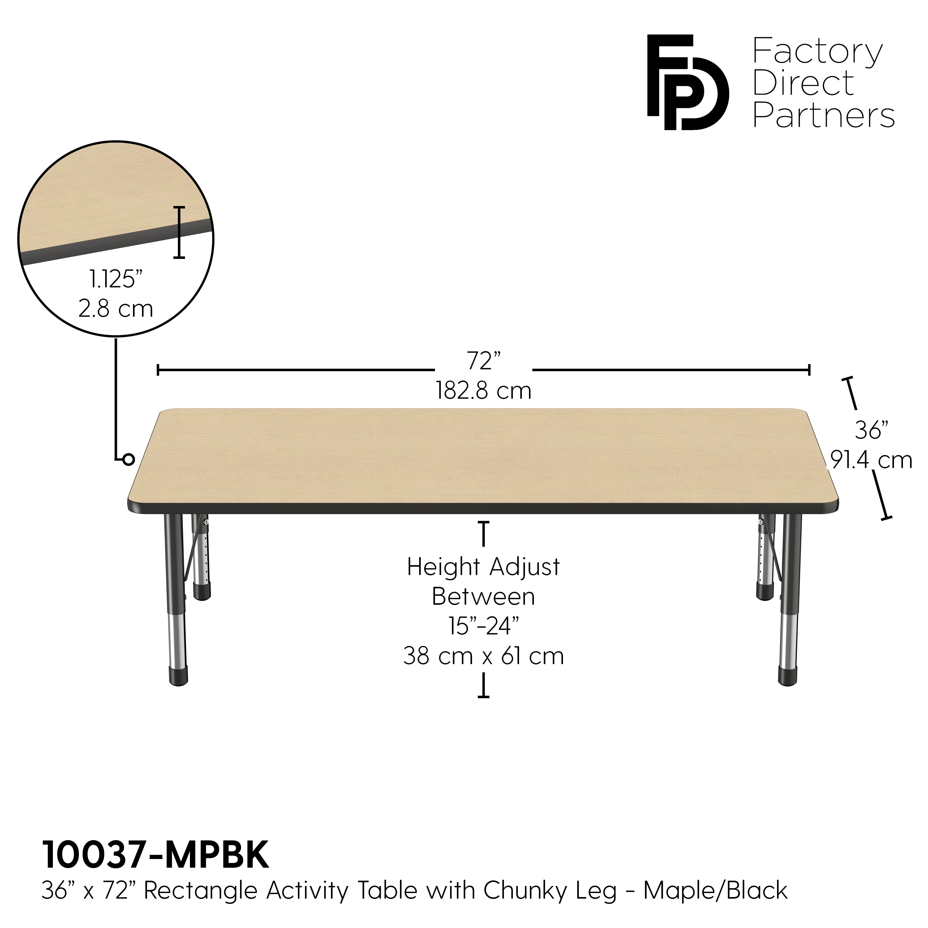 36" x 72" Rectangle T-Molding Activity Table with Adjustable Chunky Legs - Maple/Black