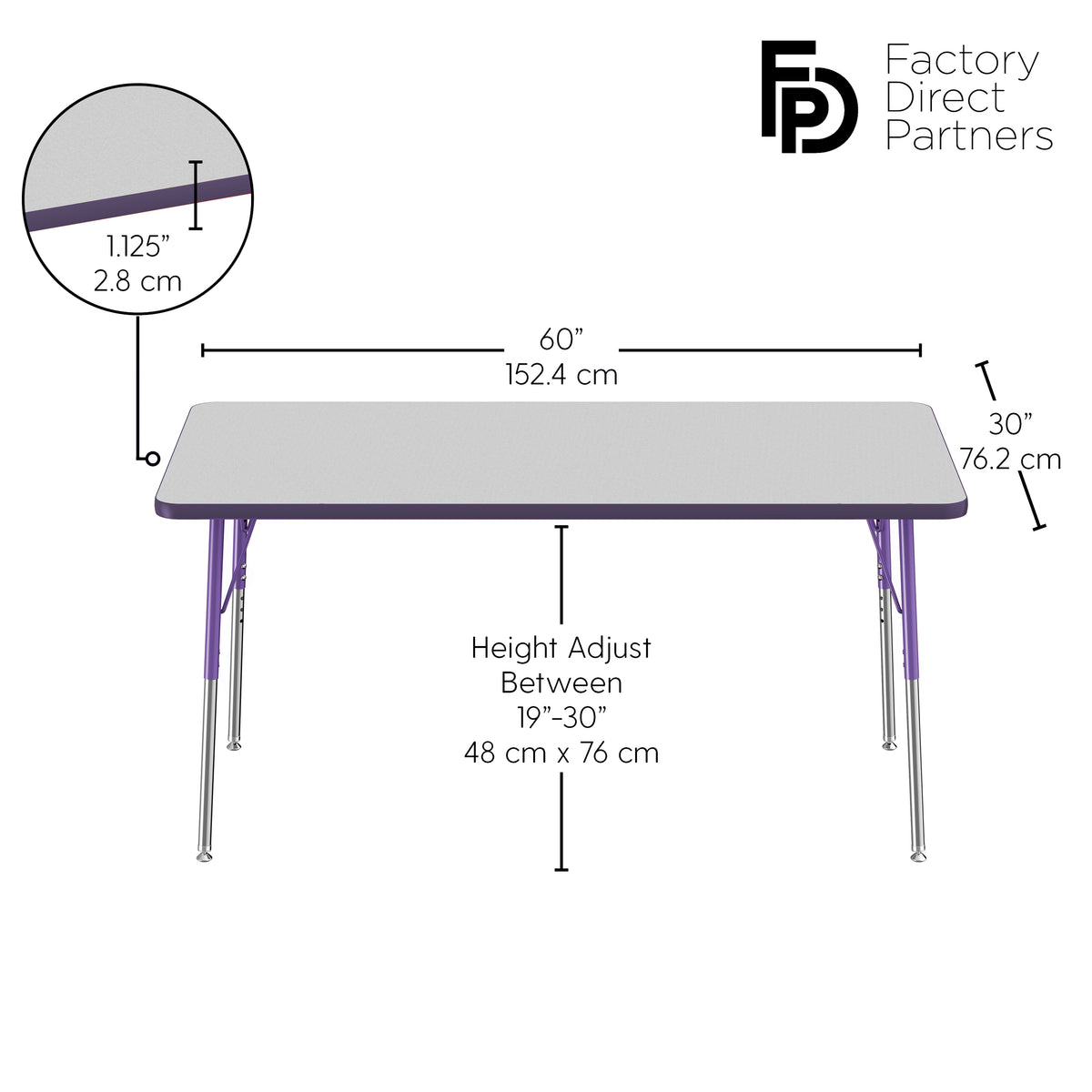 30" x 60" Rectangle T-Molding Activity Table with Adjustable Standard Swivel Glide Legs - Gray/Purple