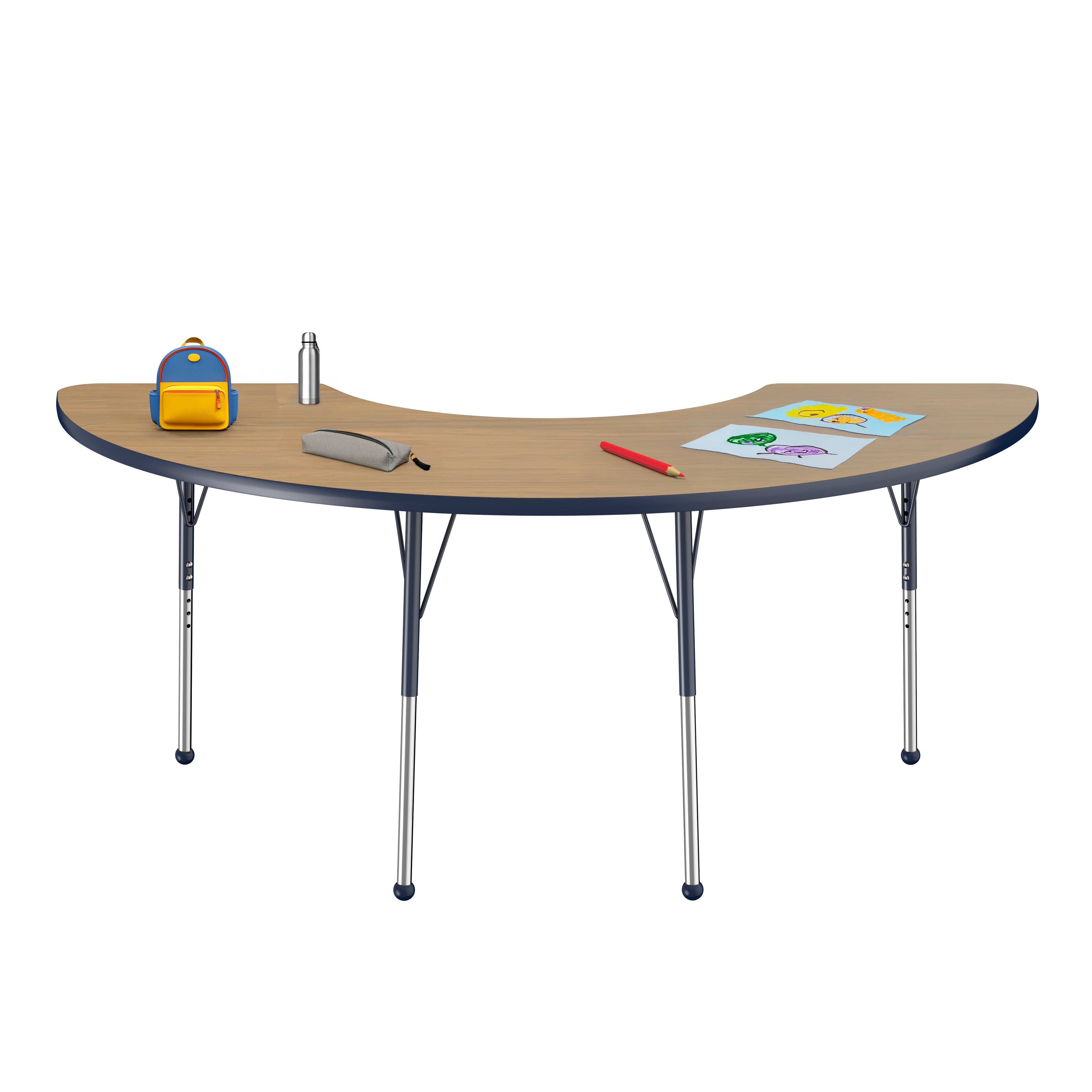 36" x 72" Half Moon T-Molding Activity Table with Adjustable Standard Ball Glide Legs - Pasadena Oak/Navy