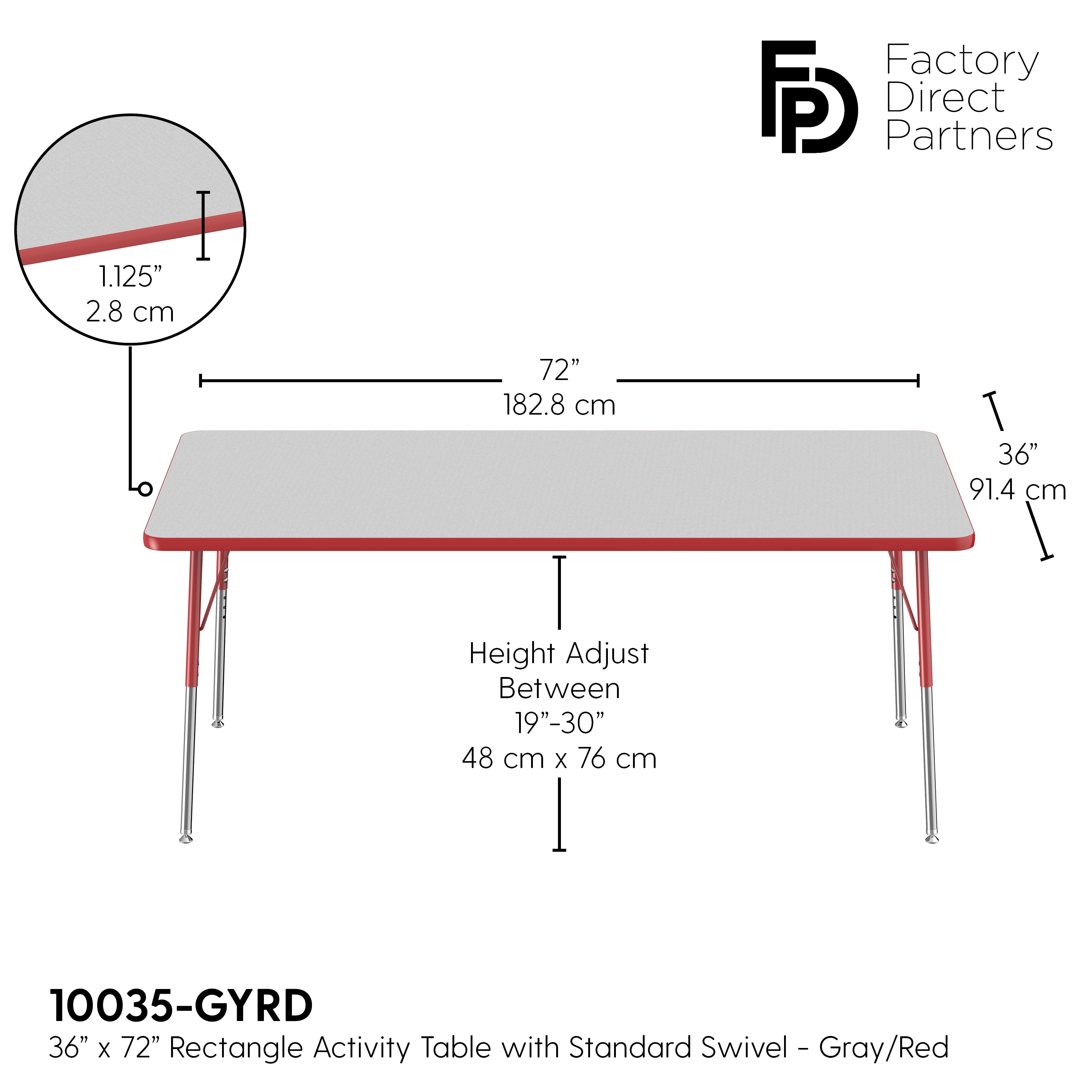36" x 72" Rectangle T-Molding Activity Table with Adjustable Standard Swivel Glide Legs - Gray/Red