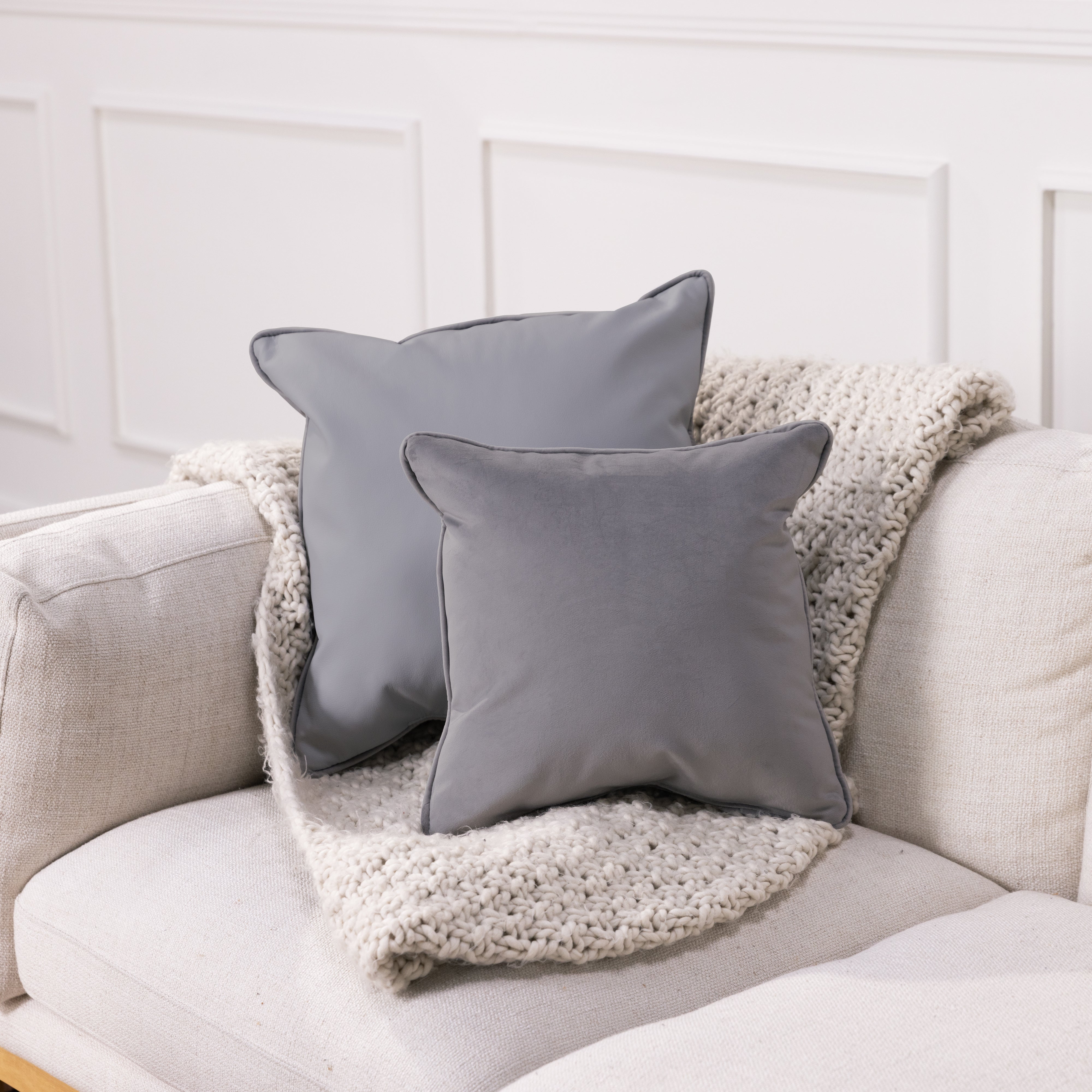 18" x 18" Square Microfiber and Faux Leather Pillow with Piping, 2-Piece - Smoke