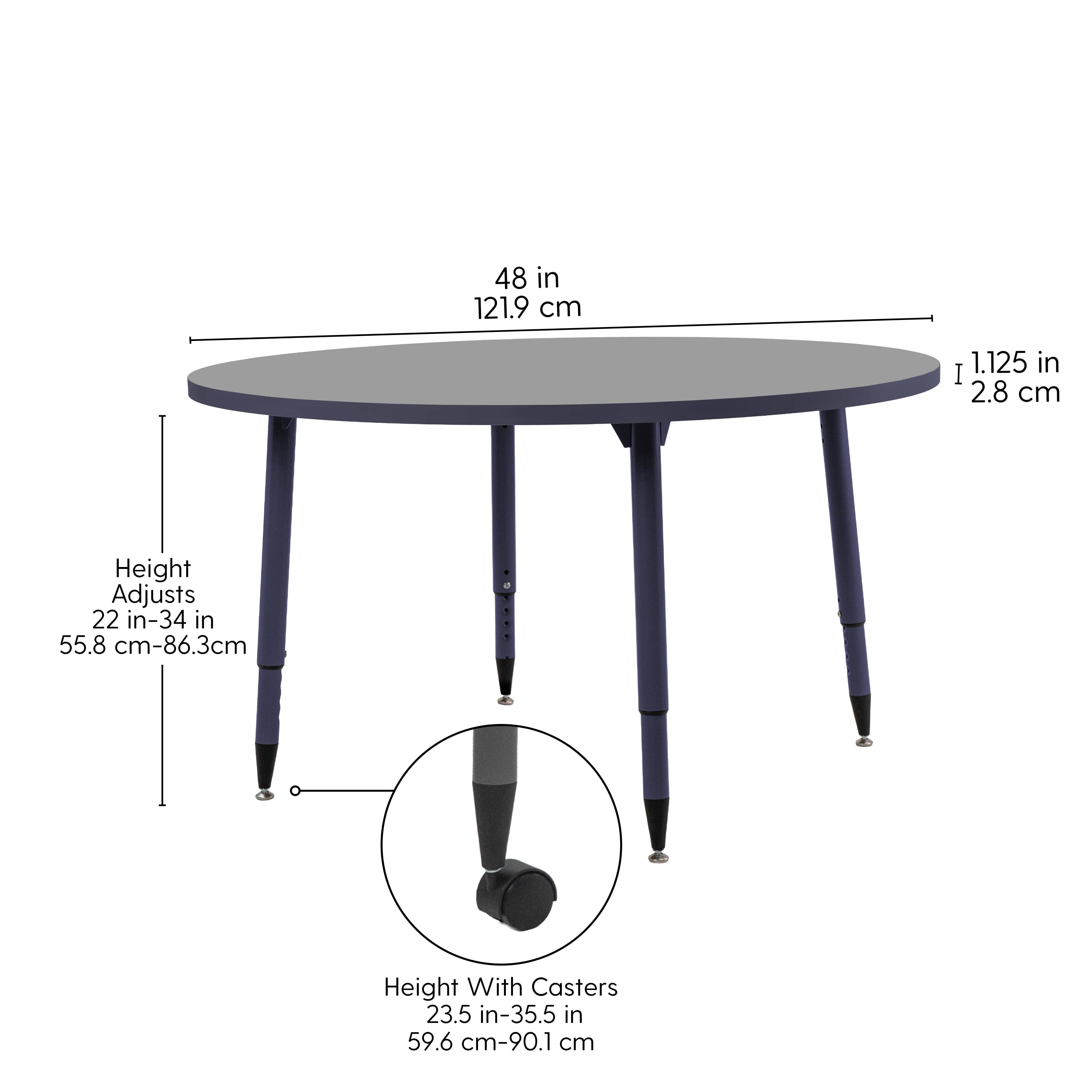 Adapte 48" Round Thermofused Activity Table with Adjustable Tapered Legs - North Sea/Navy