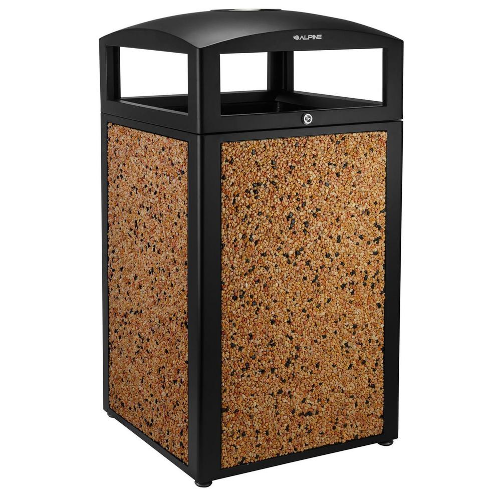 Alpine Industries 40 Gal. Stone Steel All-Weather Panel Outdoor Commercial Trash Can with Ash Tray Lid 2 Pack