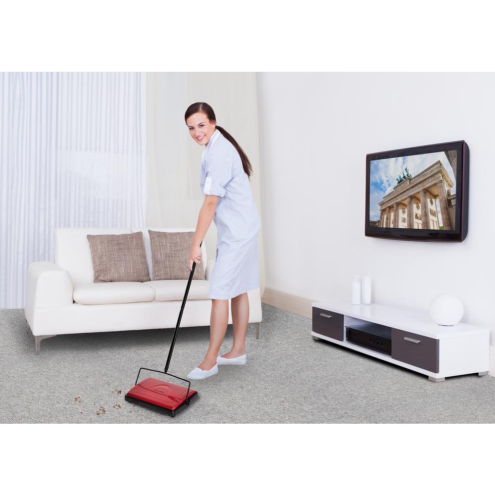Alpine Industries Triple Brush Floor and Carpet Sweeper, Red