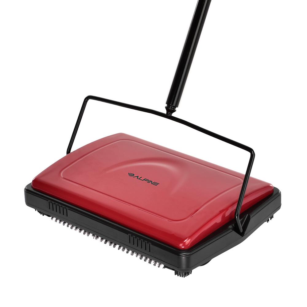 Alpine Industries Triple Brush Floor and Carpet Sweeper, Red