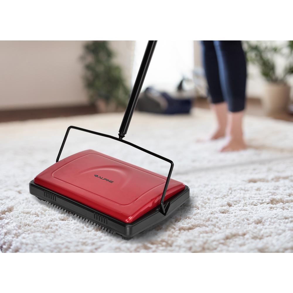 Alpine Industries Triple Brush Floor and Carpet Sweeper, Red