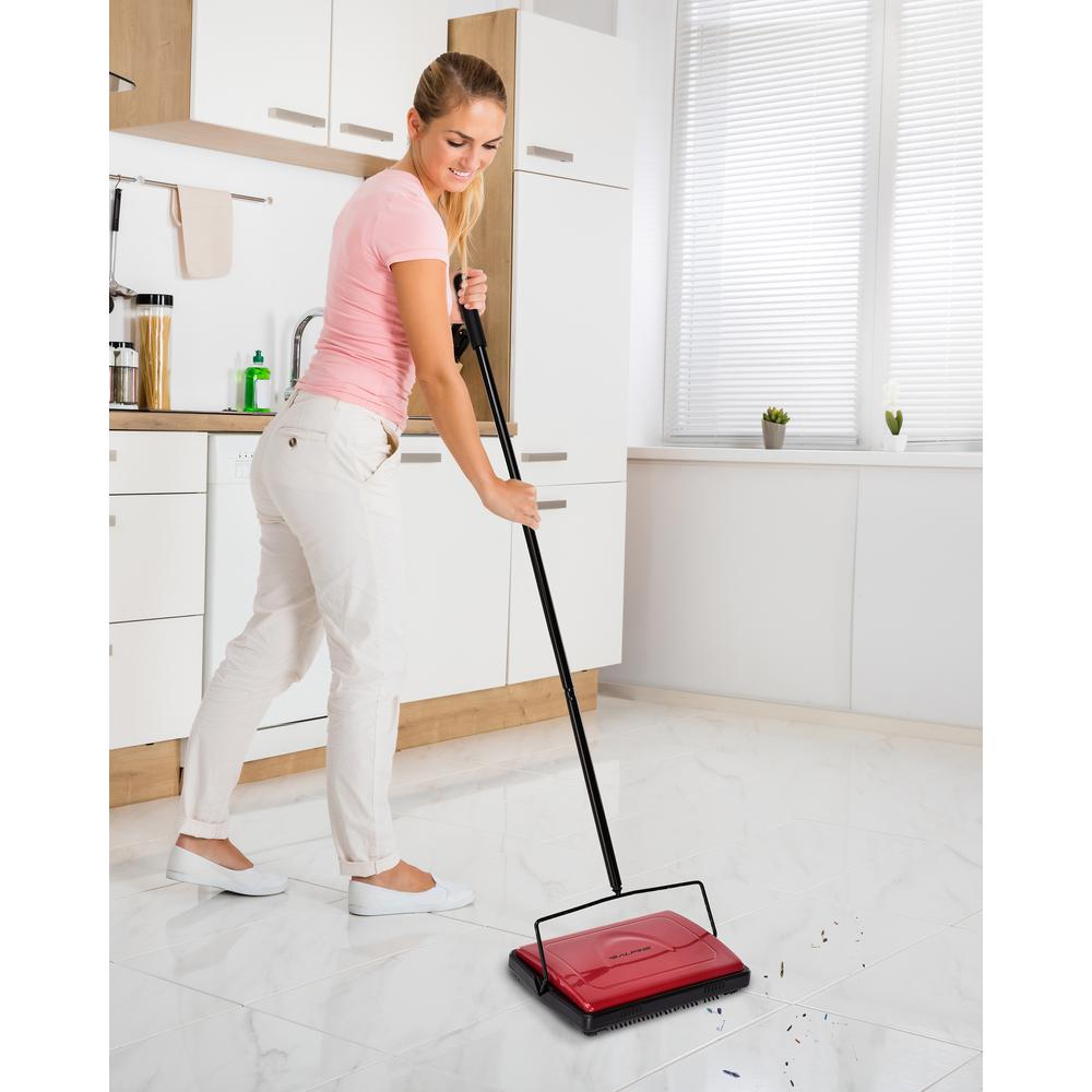 Alpine Industries Triple Brush Floor and Carpet Sweeper, Red