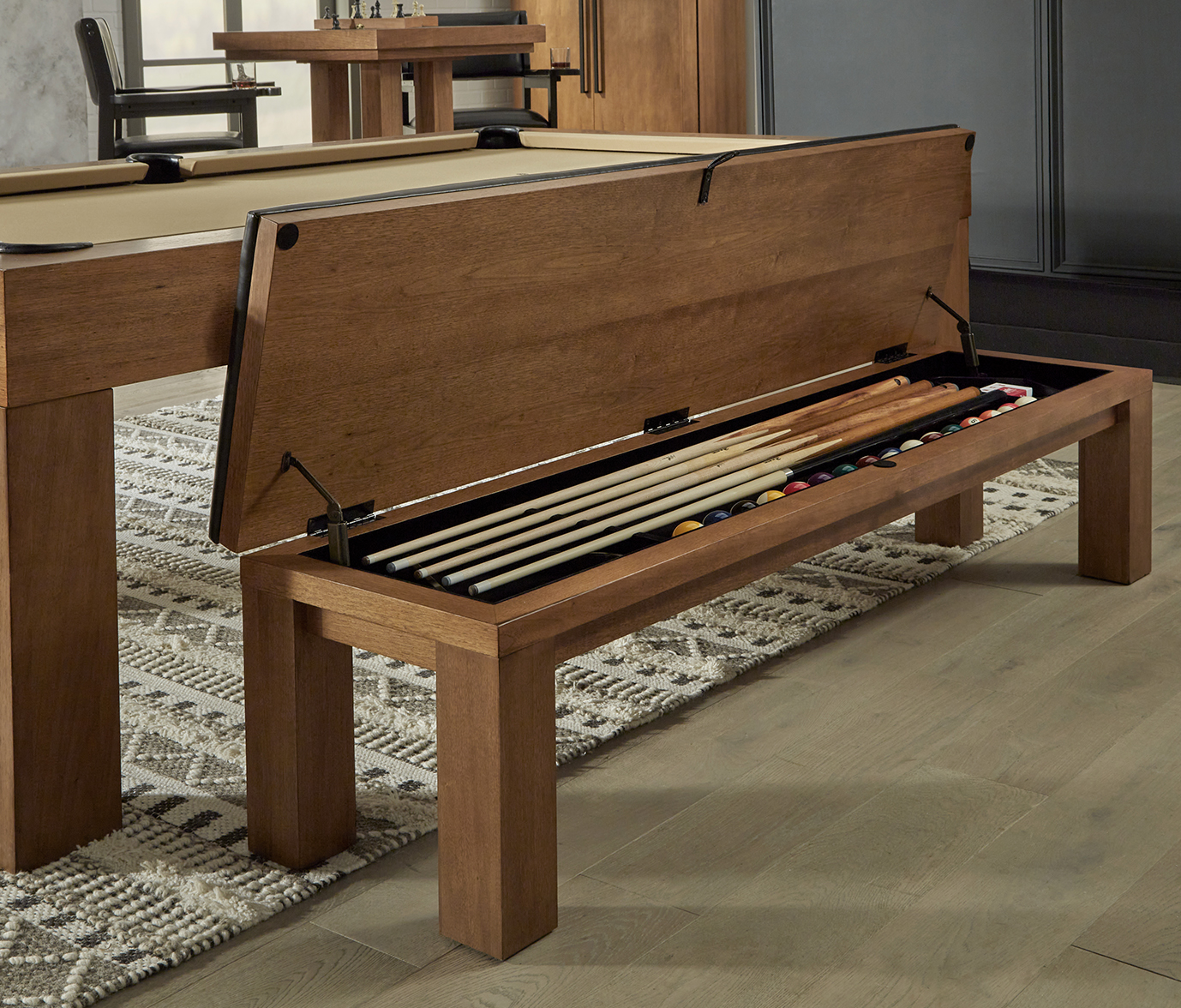 American Heritage® Alta Multi-functional Storage Bench, Brushed Walnut (does not include cues and balls)
