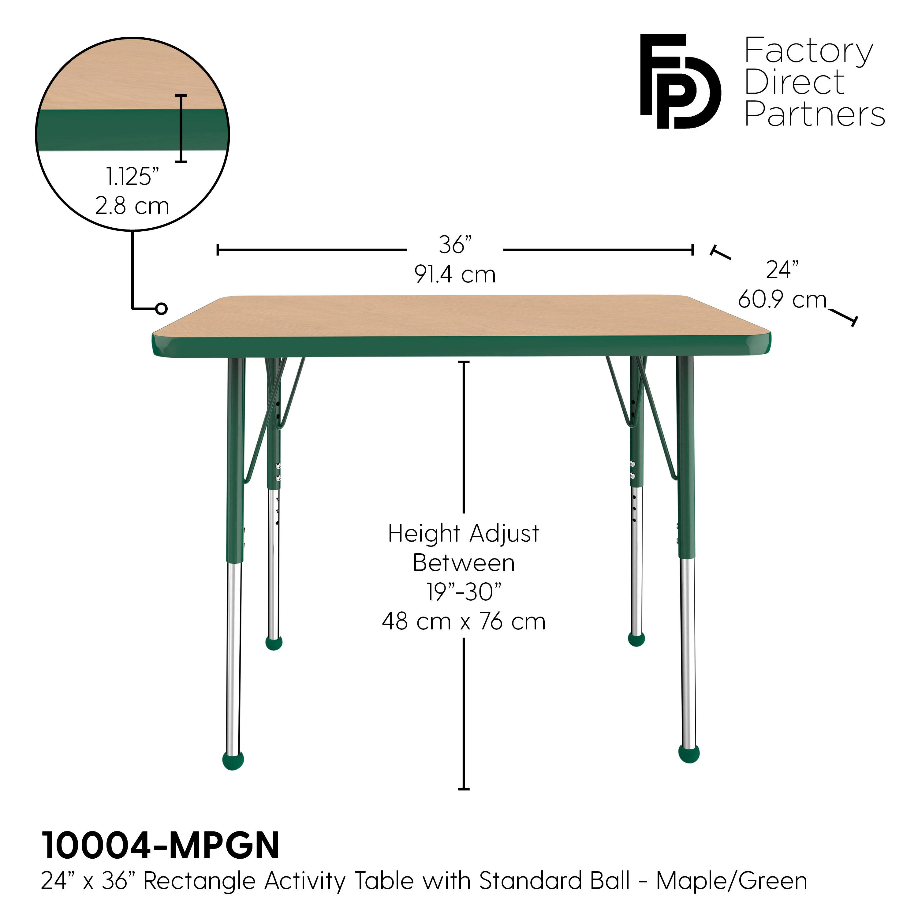 24" x 36" Rectangle T-Molding Activity Table with Adjustable Standard Ball Glide Legs - Maple/Green