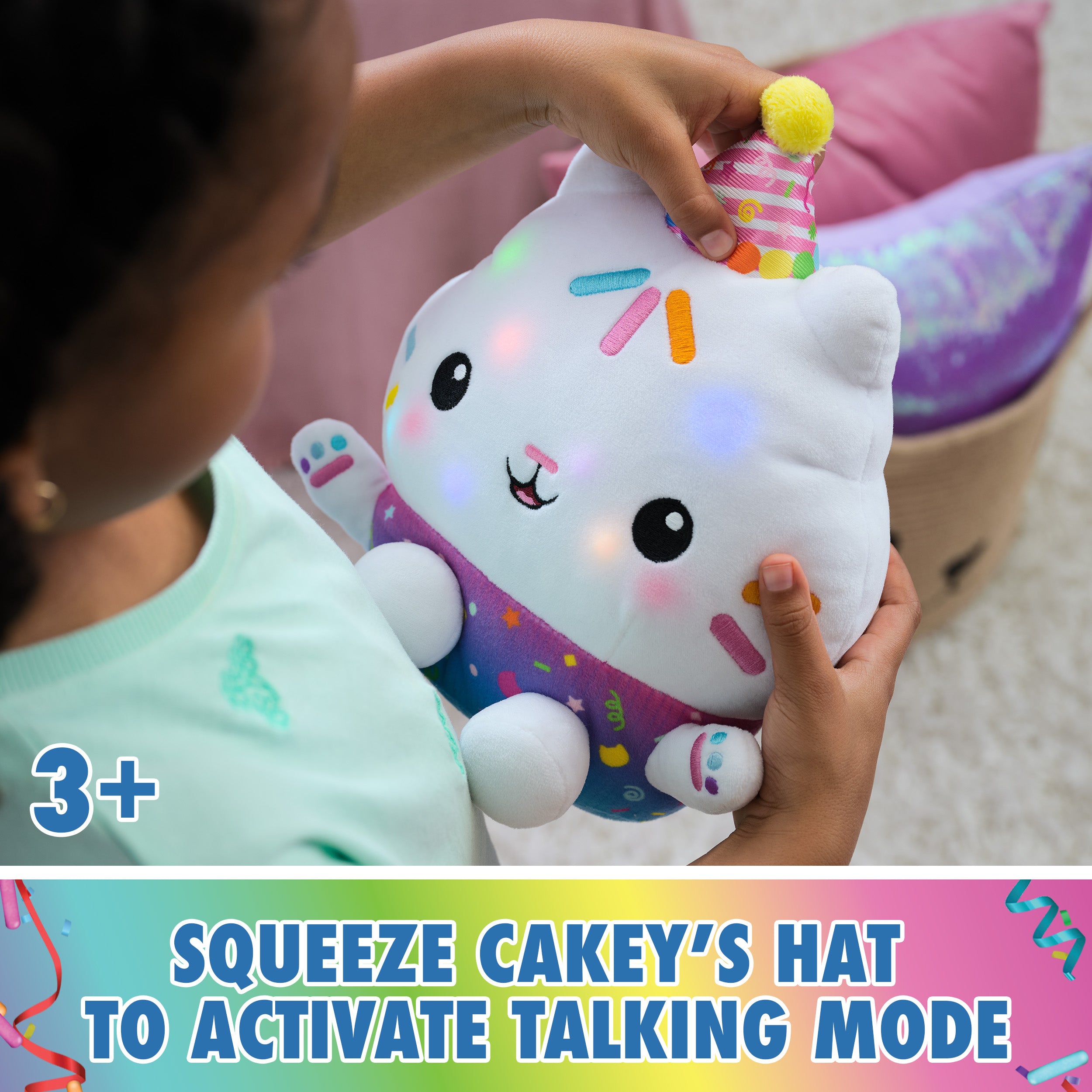 Gabby’s Dollhouse Celebrations, Sprinkle Party Cakey Cat Plush, 10-Inch Interactive Stuffed Animal with Sounds, Kids Toys for Girls & Boys Ages 3+