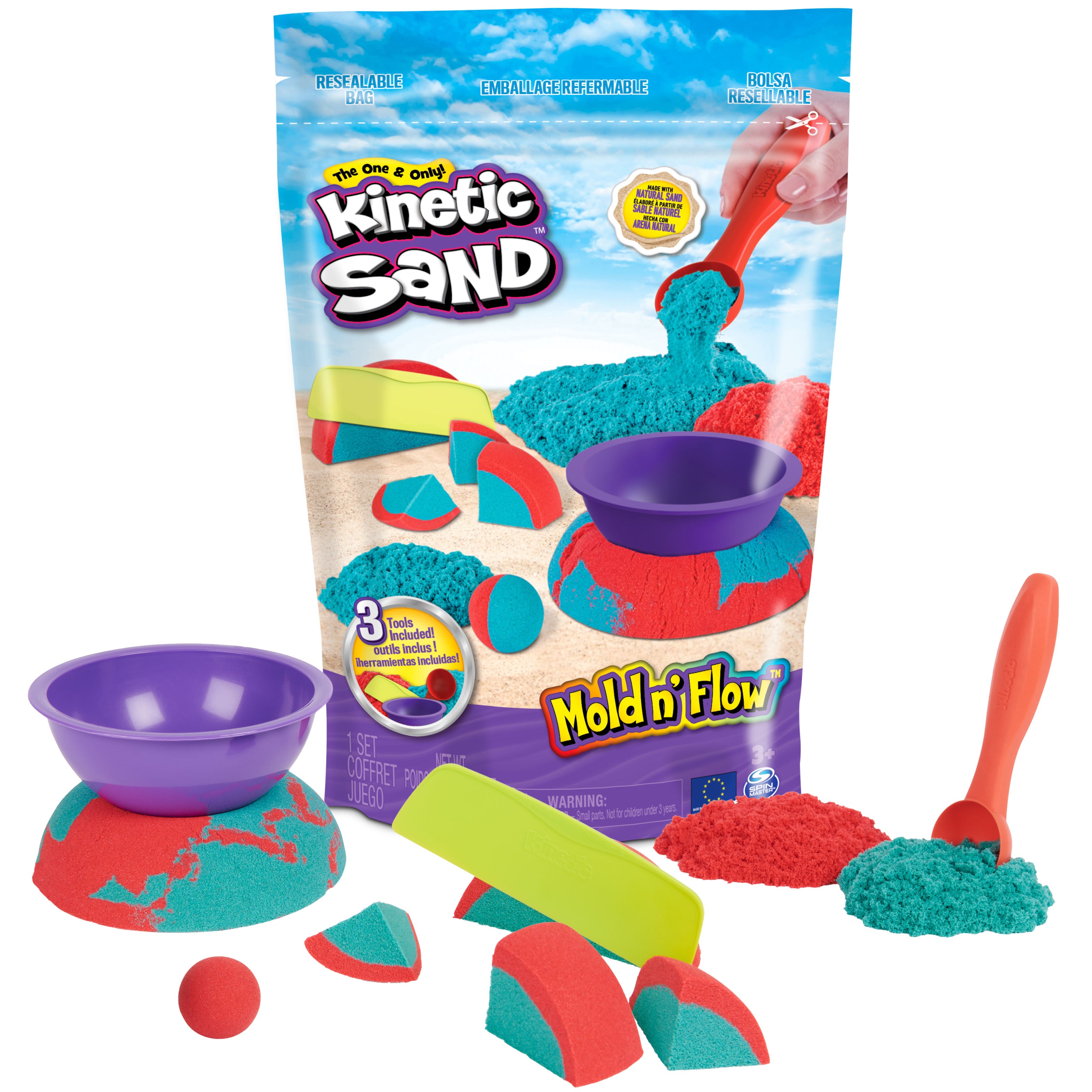 Kinetic Sand Mold n’ Flow with 1.5lbs Red & Teal Play Sand, 3 Tools, Sensory Toys for Kids Ages 3 and up