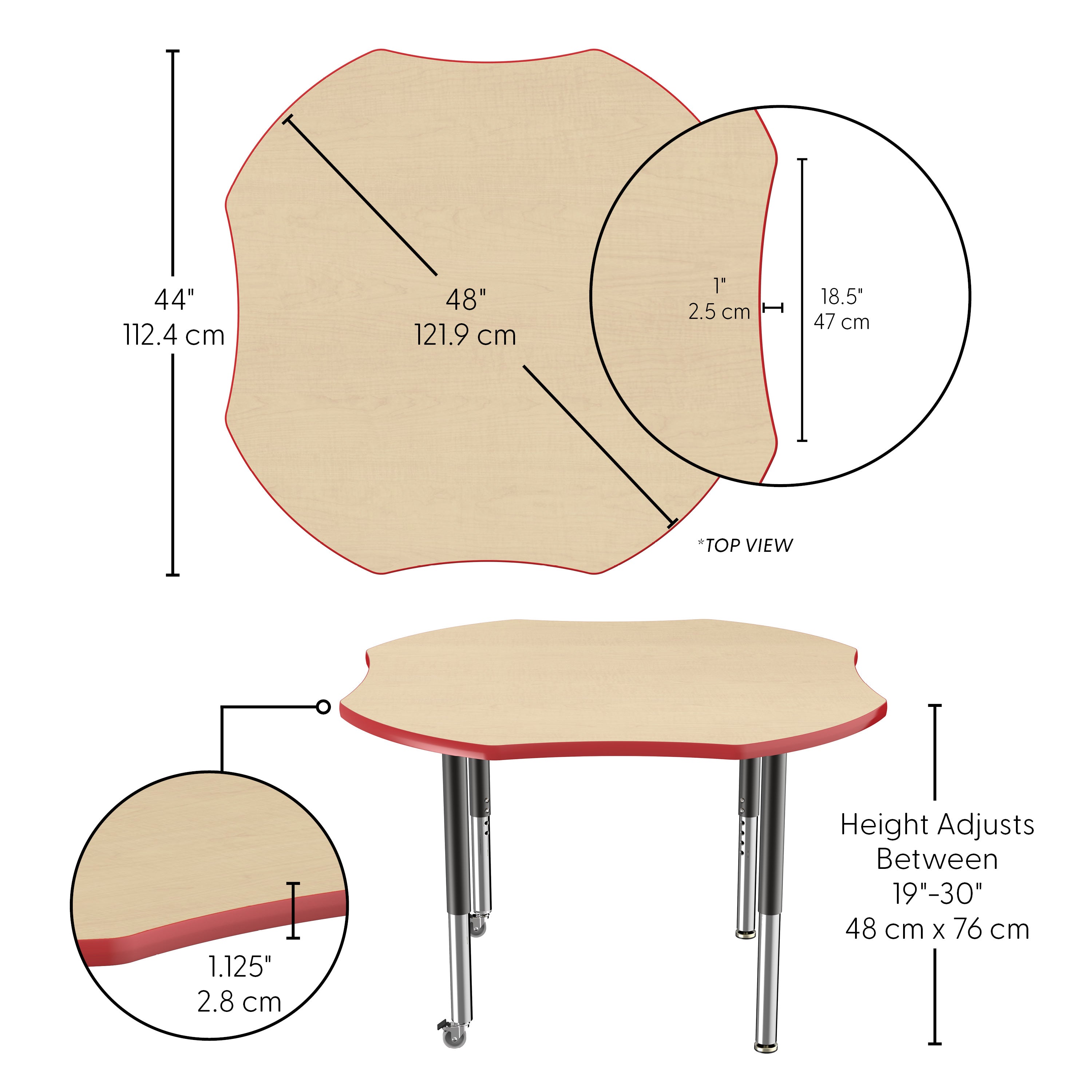 48" x 48" Clover T-Molding Activity Table with Adjustable Super Legs - Maple/Red/Black