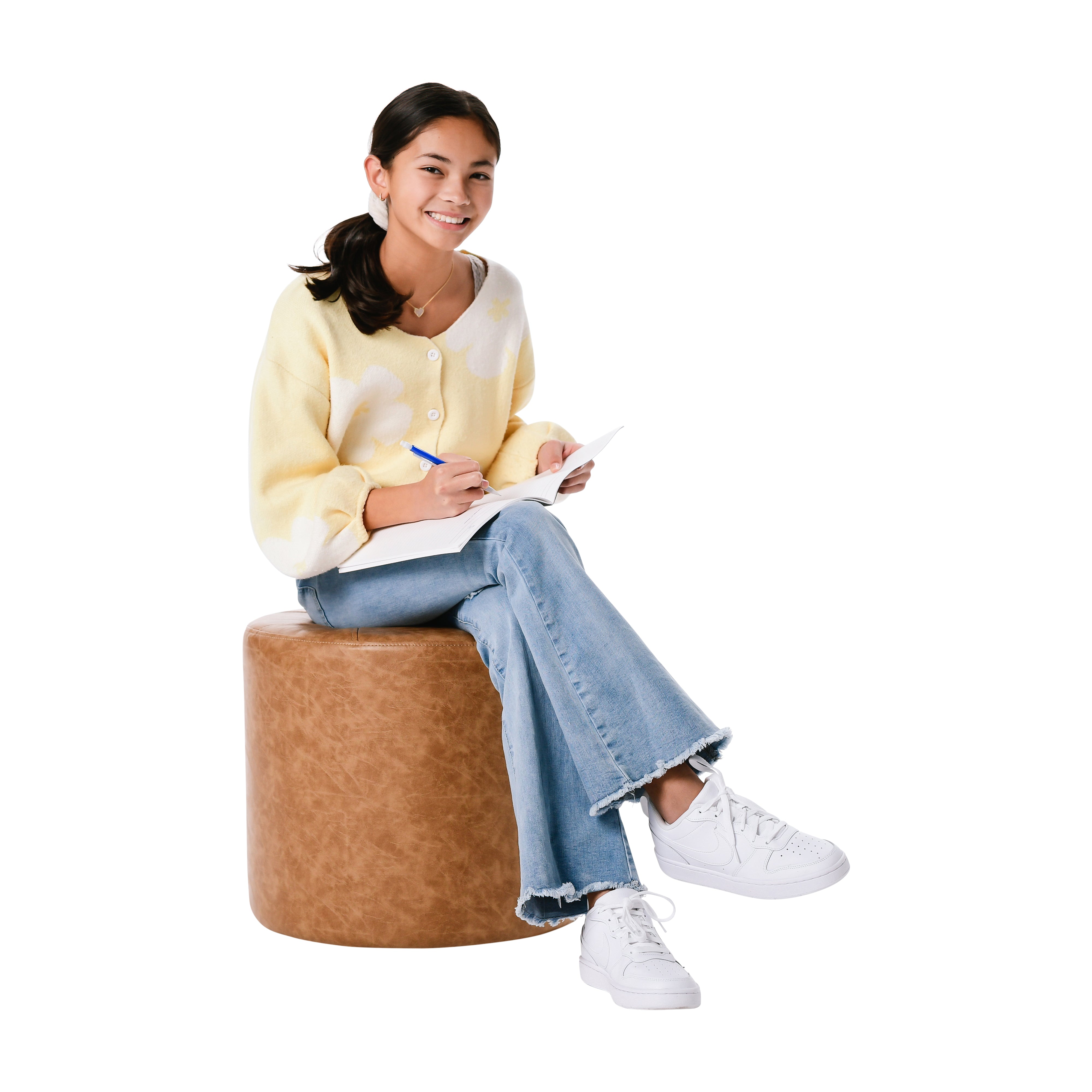 Rustic Tufted Round Ottoman 16" Height - Pecan