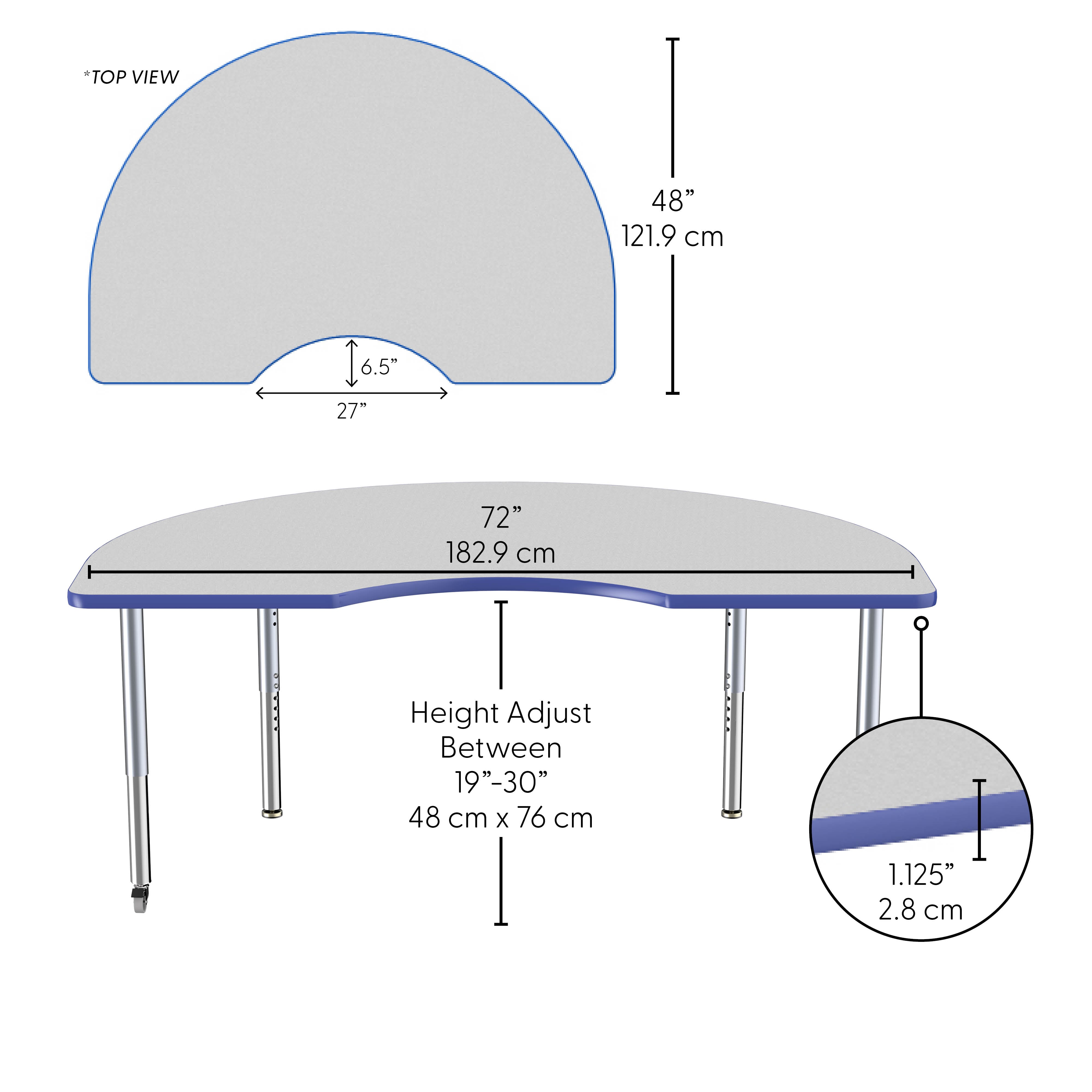48" x 72" Kidney Thermofused Activity Table with Adjustable Super Legs - Gray/Blue/Silver