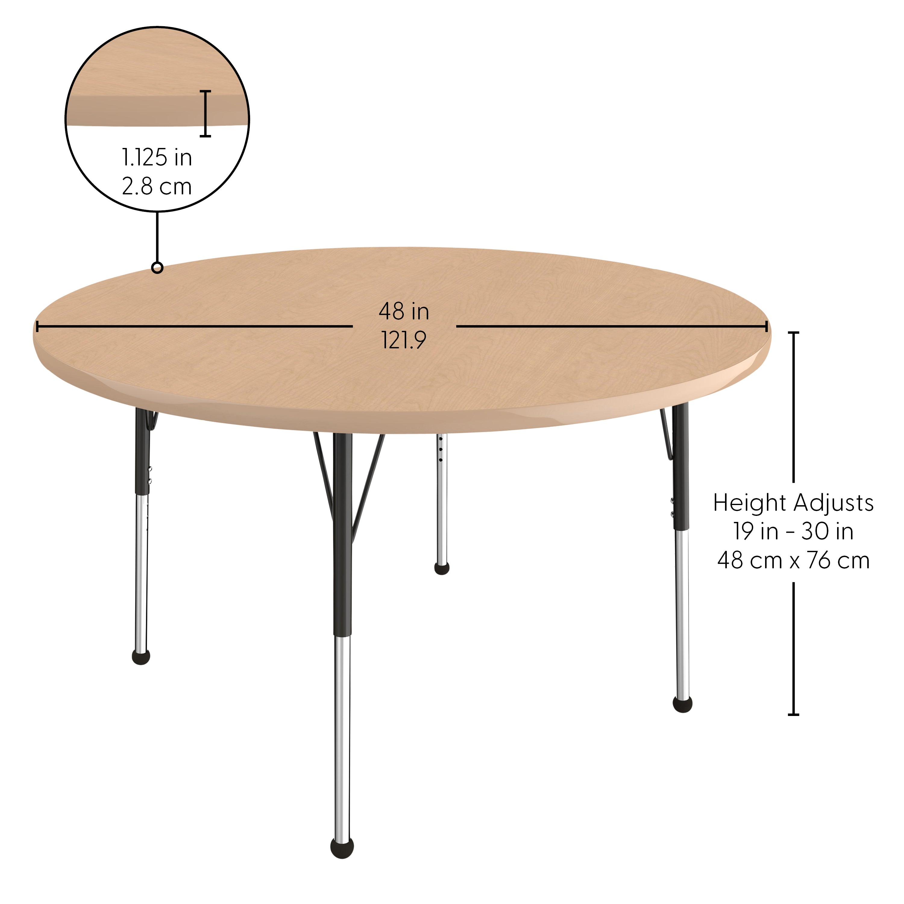 48" Round T-Molding Activity Table with Adjustable Standard Ball Glide Legs - Maple/Maple/Black