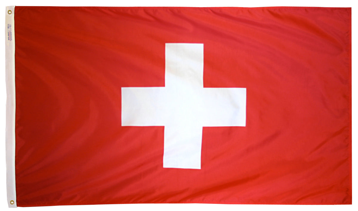 Switzerland Flag 3x5 ft. Nylon SolarGuard Nyl-Glo 100% Made in USA to Official United Nations Design Specifications.