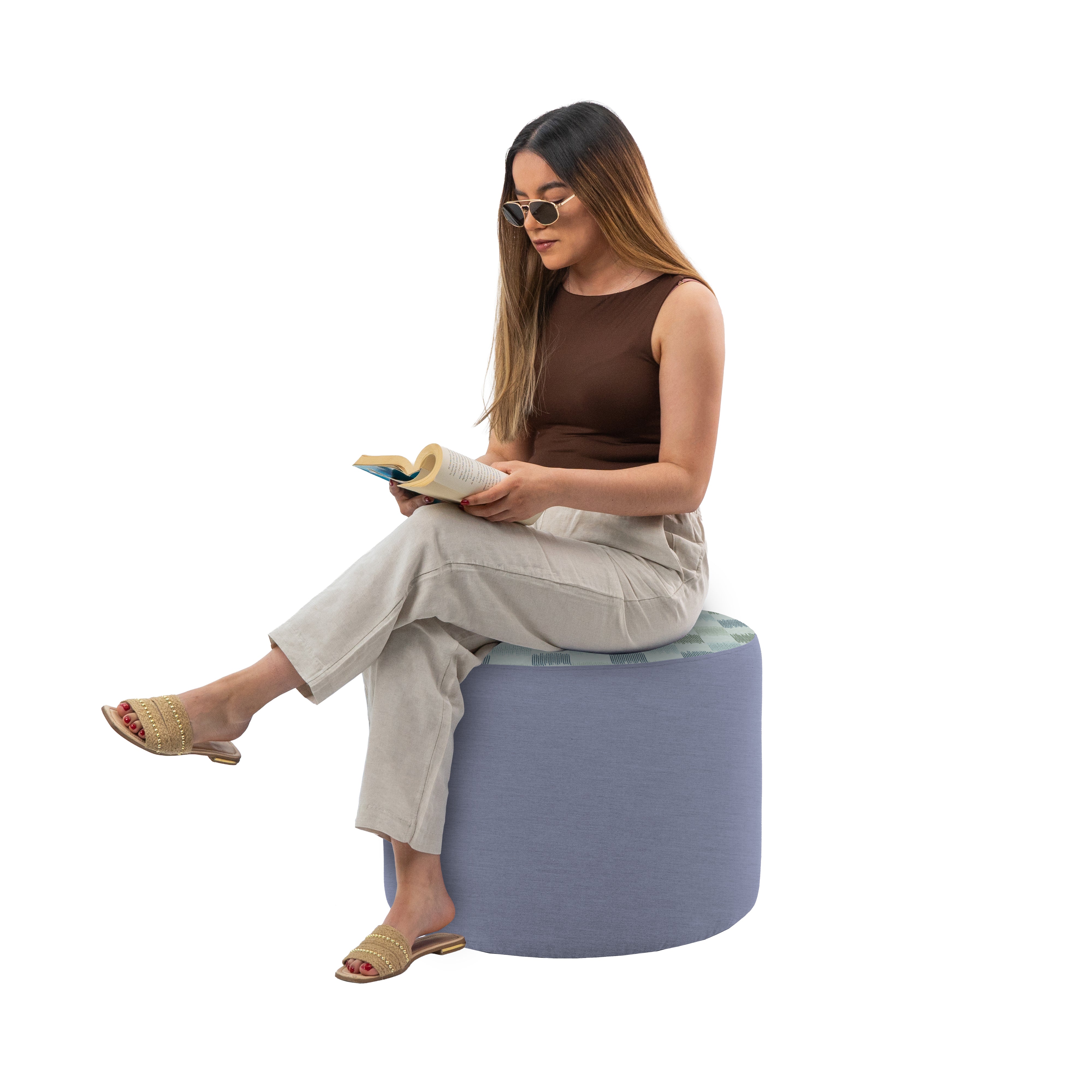 Outdoor 24" Round Ottoman with Sunbrella, 18" H - Dream Mist/Canvas Haze