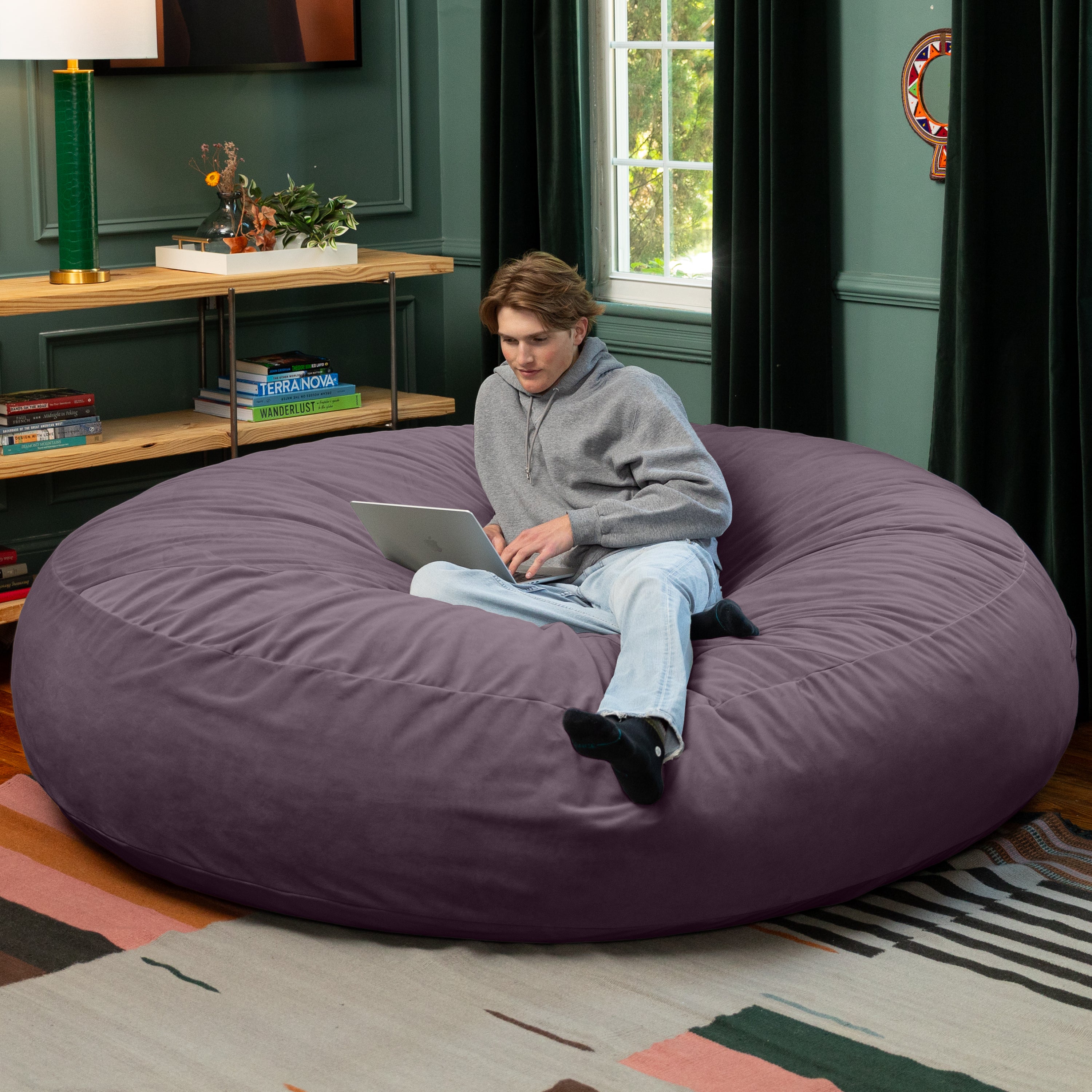 Jaxx 6 Foot Cocoon - 2-in-1 Convertible Bean Bag Bed & Large Bean Bag Chair for Adults, Premium Lush Velvet - Purple