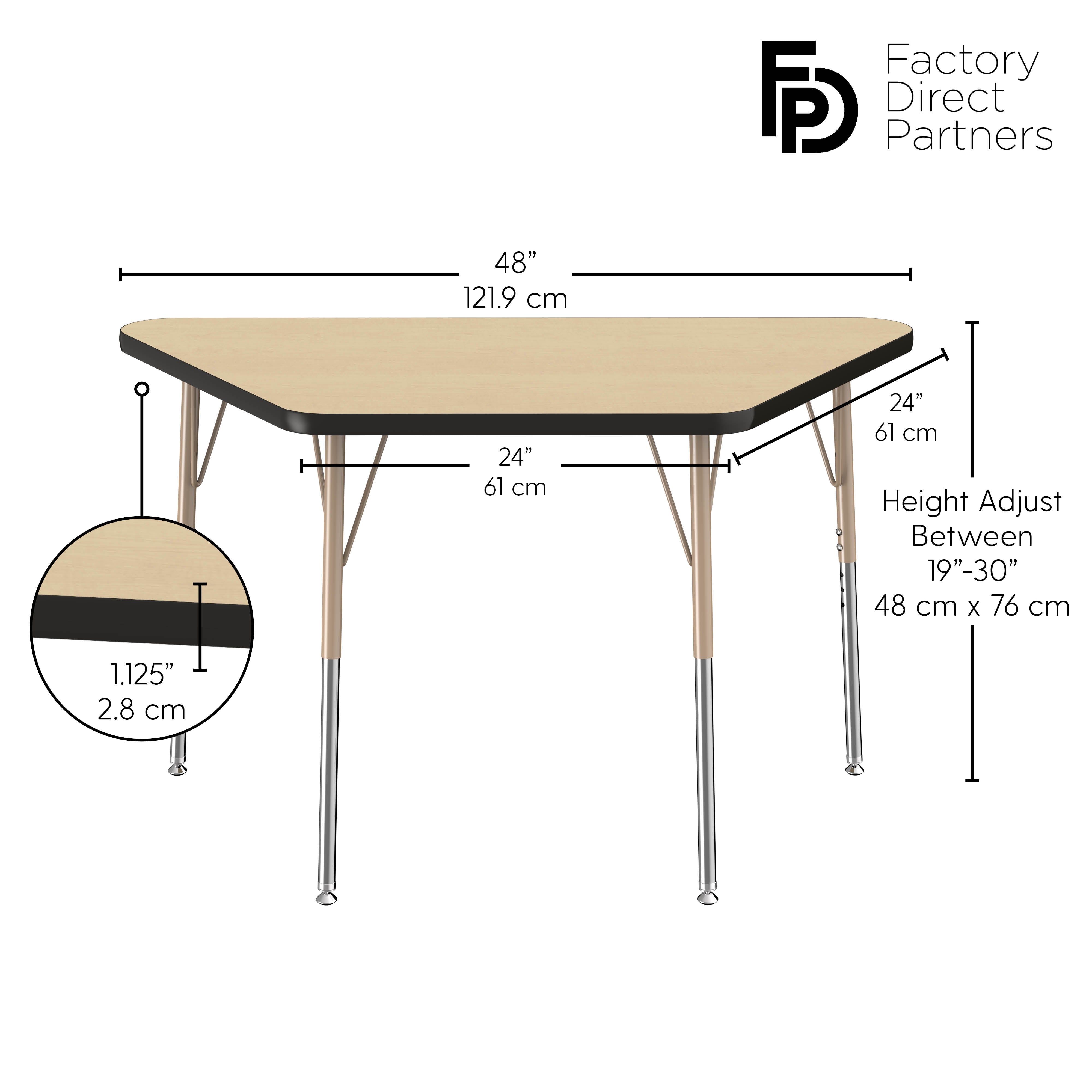 24" x 48" Trapezoid T-Molding Activity Table with Adjustable Standard Swivel Glide Legs - Maple/Black/Sand