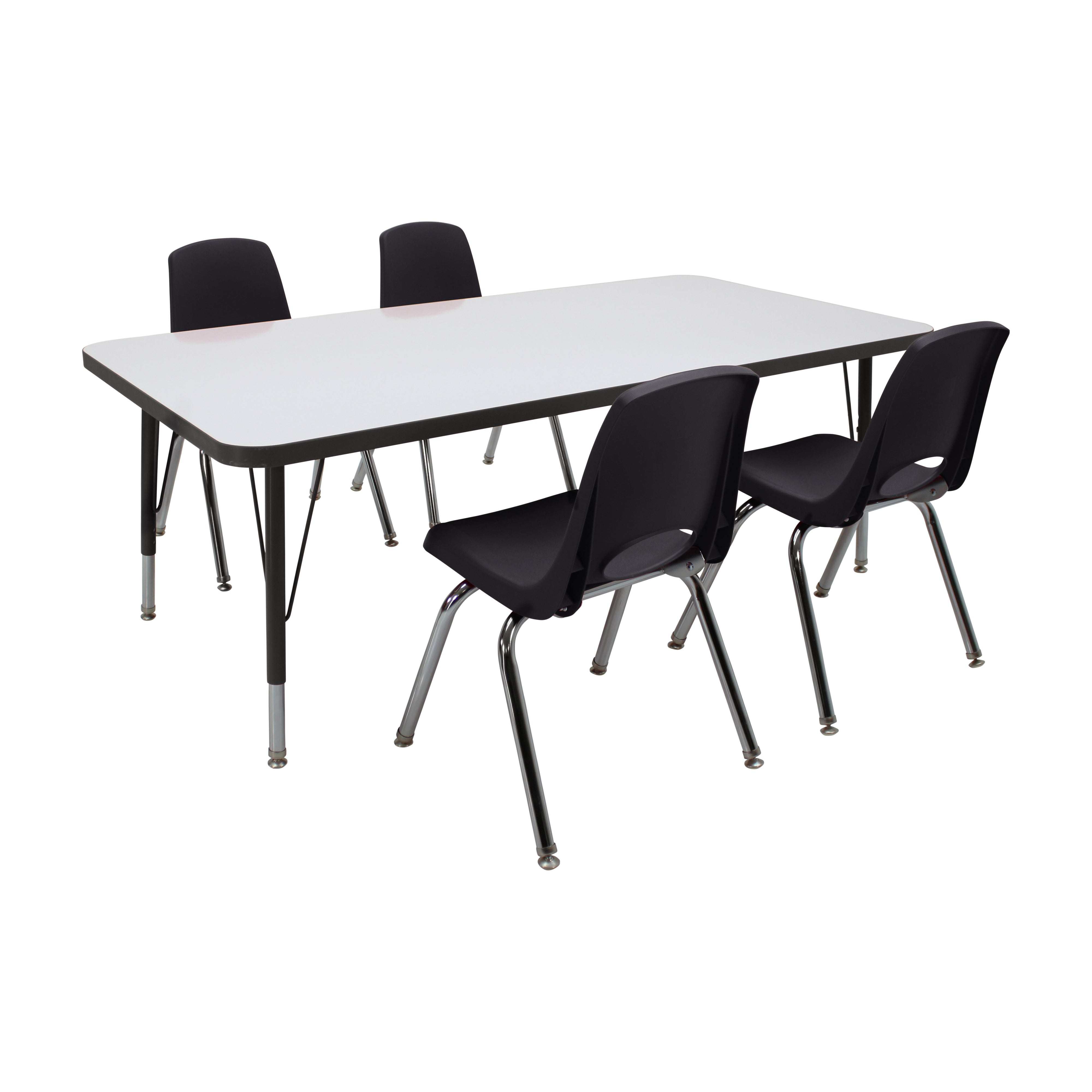 30" x 60" Rectangle Dry-Erase Activity Table with Standard Legs and 14" Stack Chairs with Swivel Glides, 5-Piece Set - Whiteboard/Black