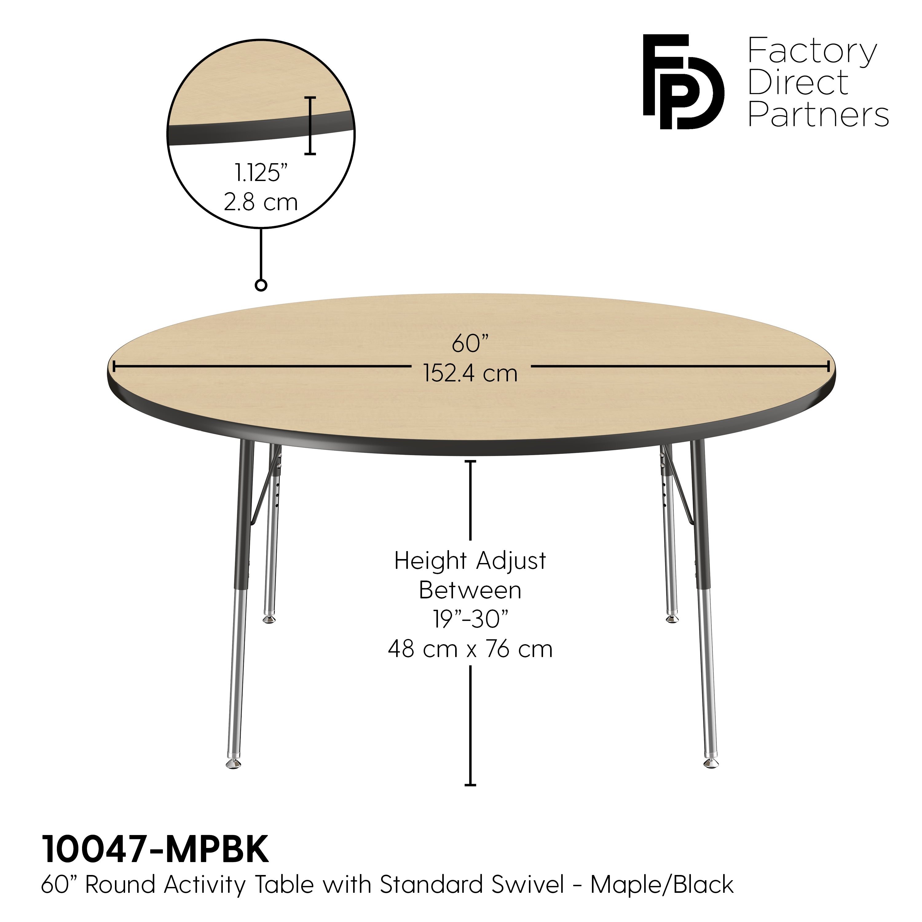 60" Round T-Molding Activity Table with Adjustable Standard Swivel Glide Legs - Maple/Black