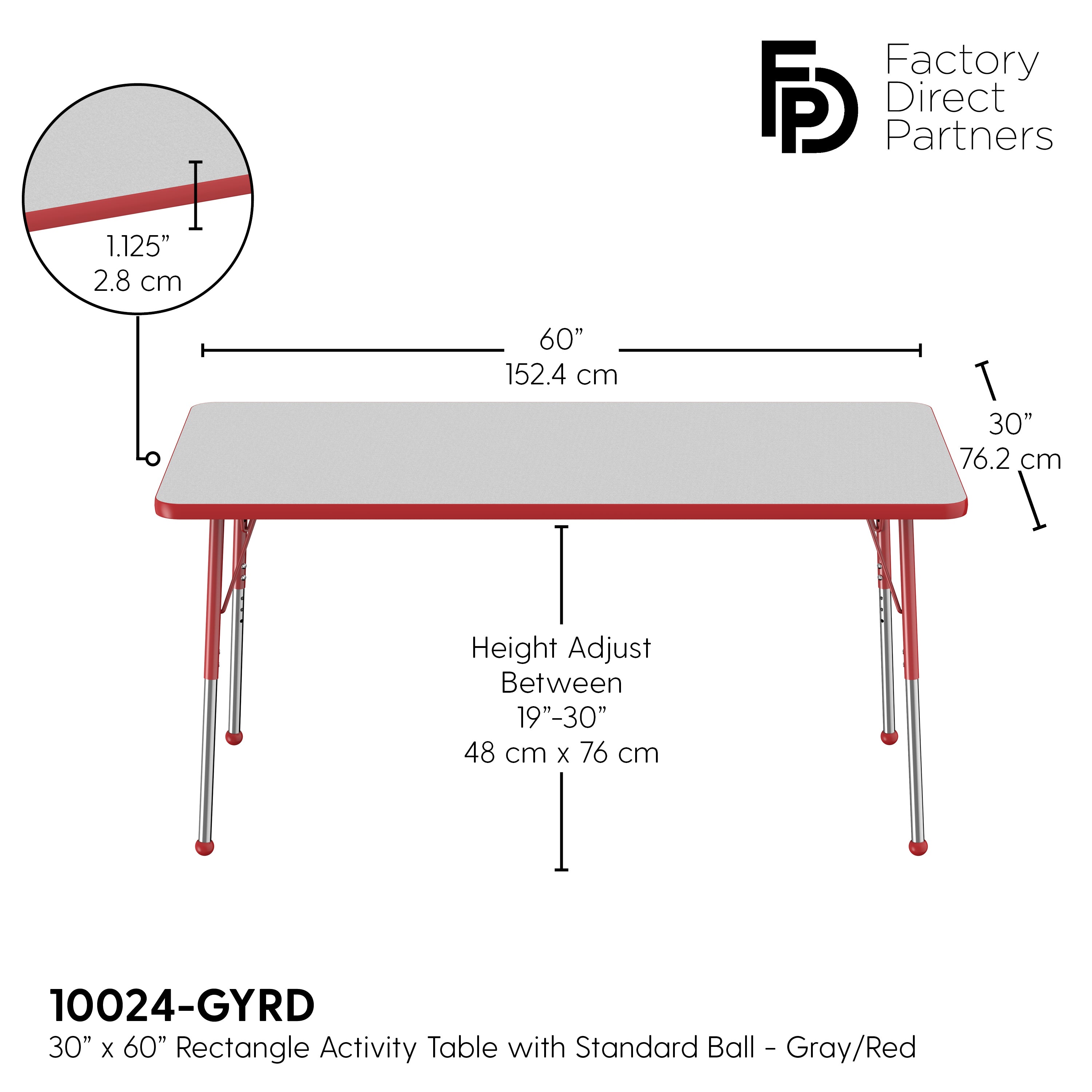 30" x 60" Rectangle T-Molding Activity Table with Adjustable Standard Ball Glide Legs - Gray/Red